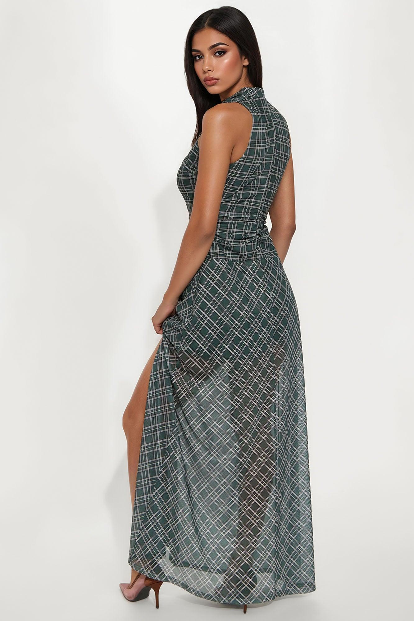 Hailie Plaid Mesh Maxi Dress - Green/combo Female Product Image