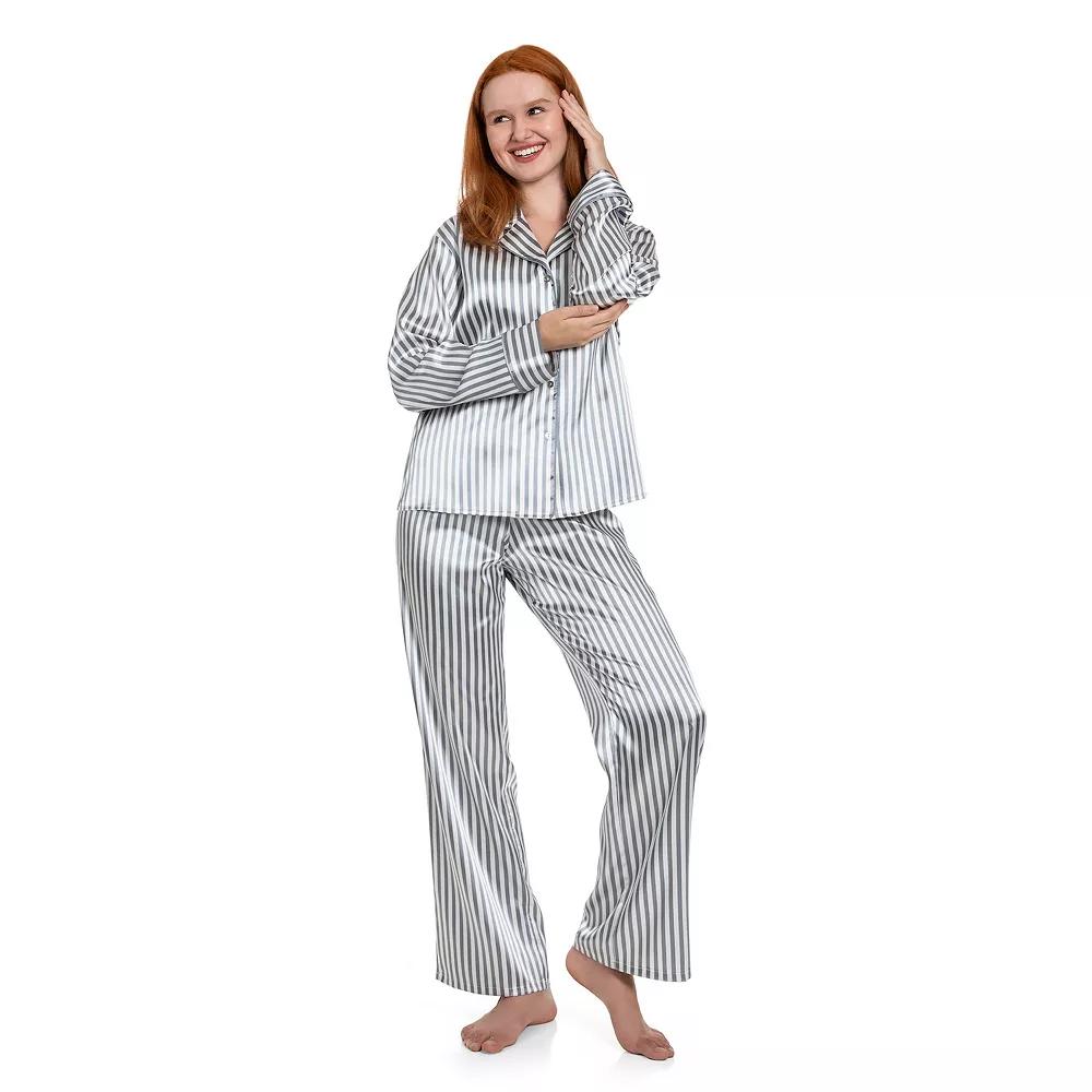 Women's Lilac+London Long Satin Notch Collar Pajama Top & Pajama Bottoms Set,  Product Image