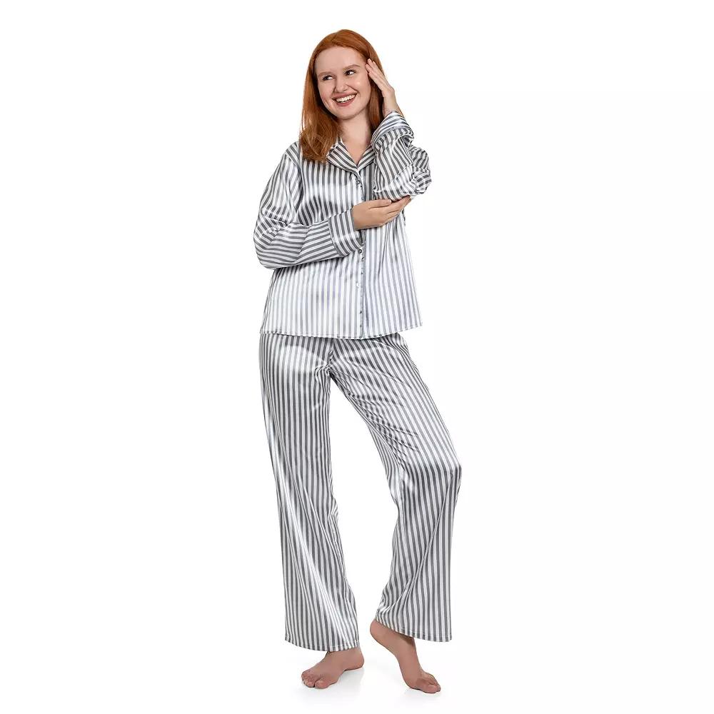 Women's Lilac+London Long Satin Notch Collar Pajama Top & Pajama Bottoms Set,  Product Image