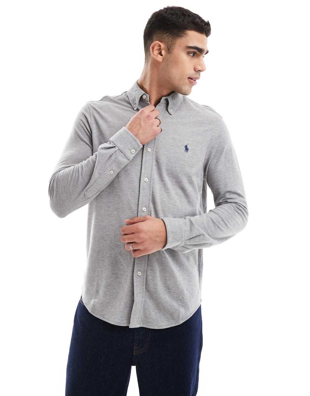 Polo Ralph Lauren icon logo button down pique shirt in gray Product Image