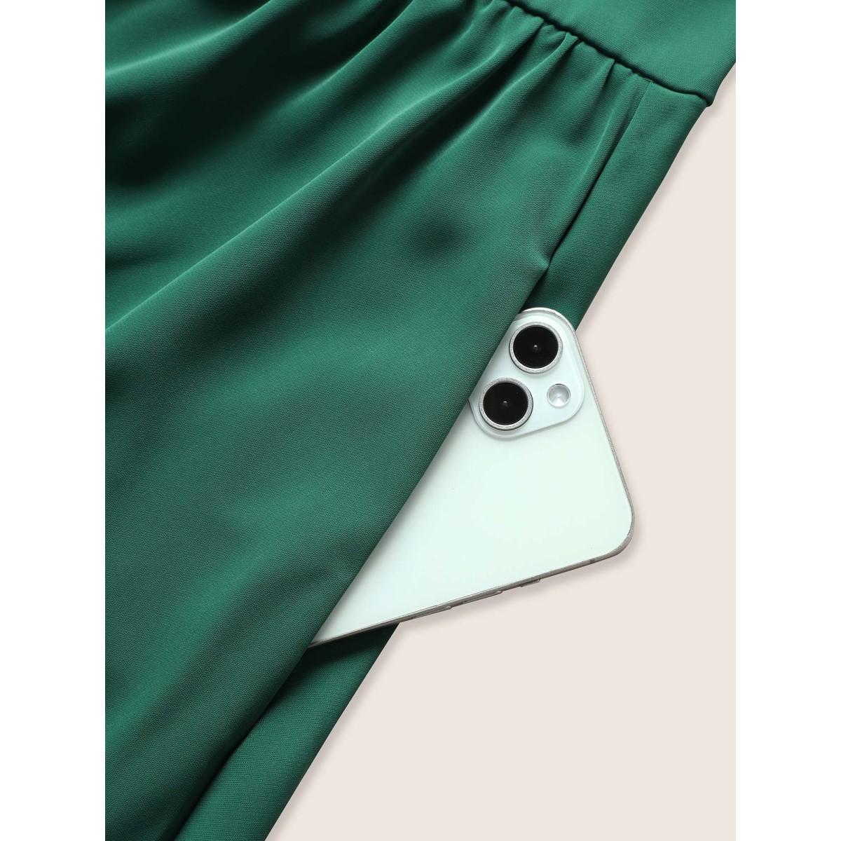 Plus Size Overlap Collar Ruffle Cap Sleeve Gathered Dress Emerald Women Elegant Non Overlap Collar Cap Sleeve Curvy Midi Dress BloomChic 14-16/1X Product Image