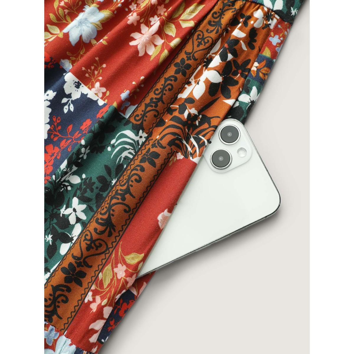 Plus Size Floral Collage Print Deep V-Neck Midi Dress Multicolor Women Leisure V-neck Long Sleeve Curvy BloomChic 30/6X Product Image