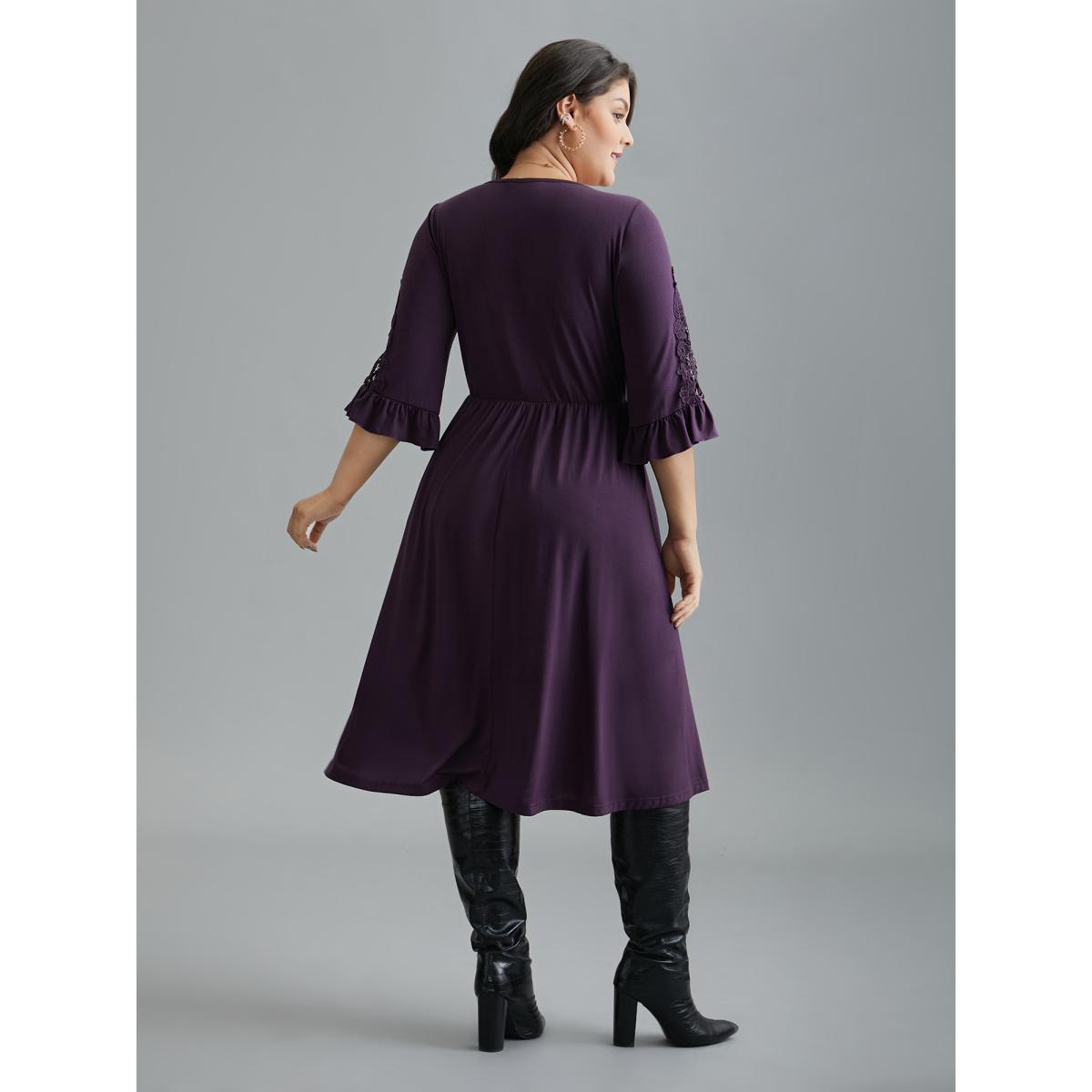 Plus Size V Neck Plain Crochet Lace Mesh Dress Deeppurple Women Elegant Woven ribbon&lace trim Knit Dresses Bloomchic 12/L Product Image