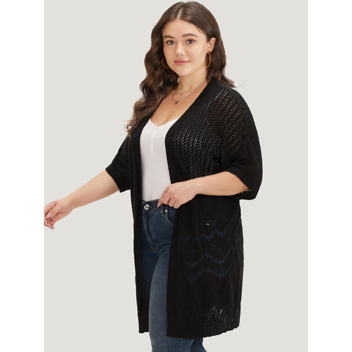 Plus Size Plain Pointelle Knit Open Front Batwing Sleeve Cardigan Black Women Casual Short sleeve Everyday Cardigans BloomChic 28/5X Product Image