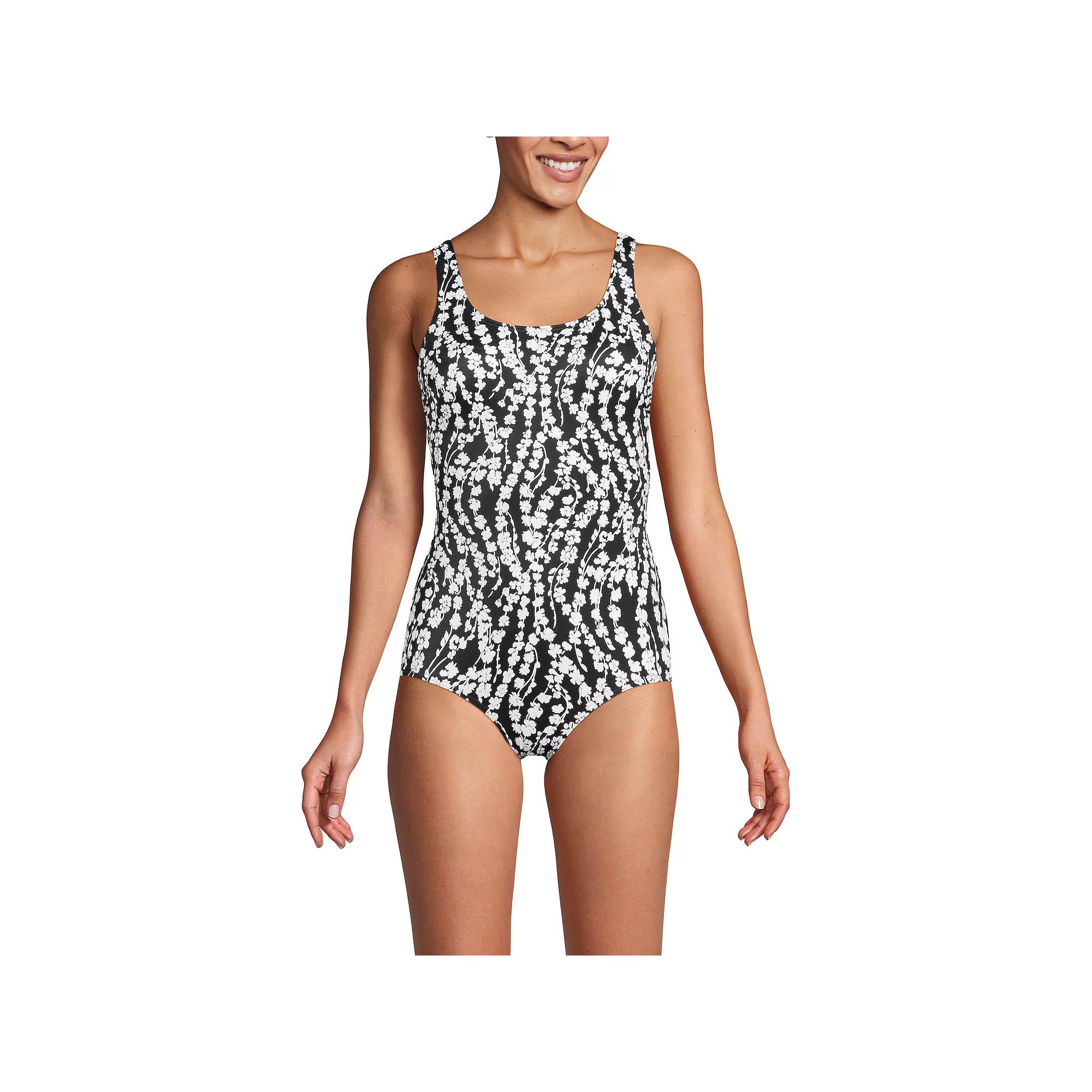 Women's Lands' End D-Cup Chlorine-Resistant Tugless Sporty One-Piece Swimsuit, Size: 10D, Black White Floral Product Image