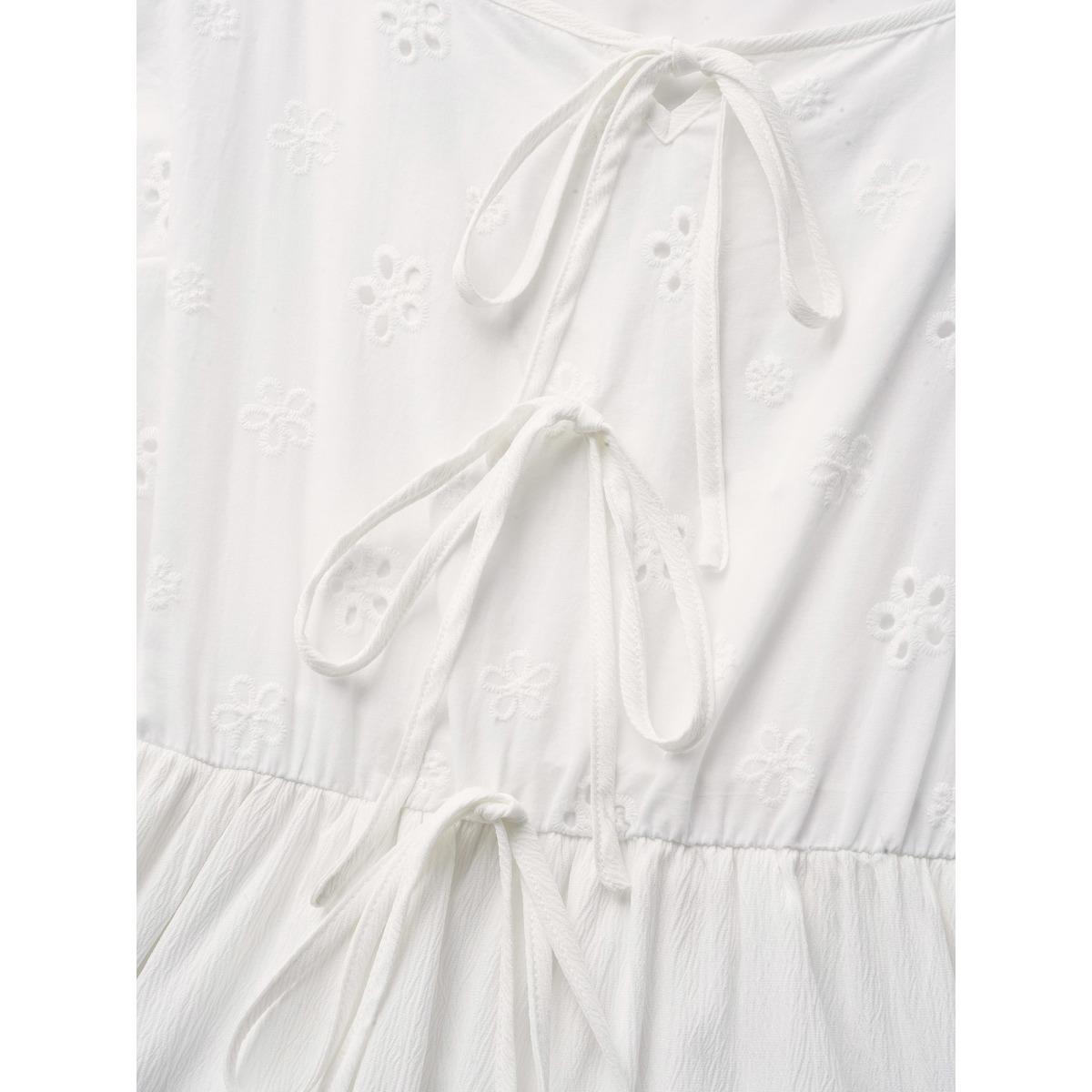 Plus Size Broderie Anglaise Ties Ruffle Layered Hem Dress Originalwhite Women Elegant Tie knot V-neck Short sleeve Curvy BloomChic 12/L Product Image