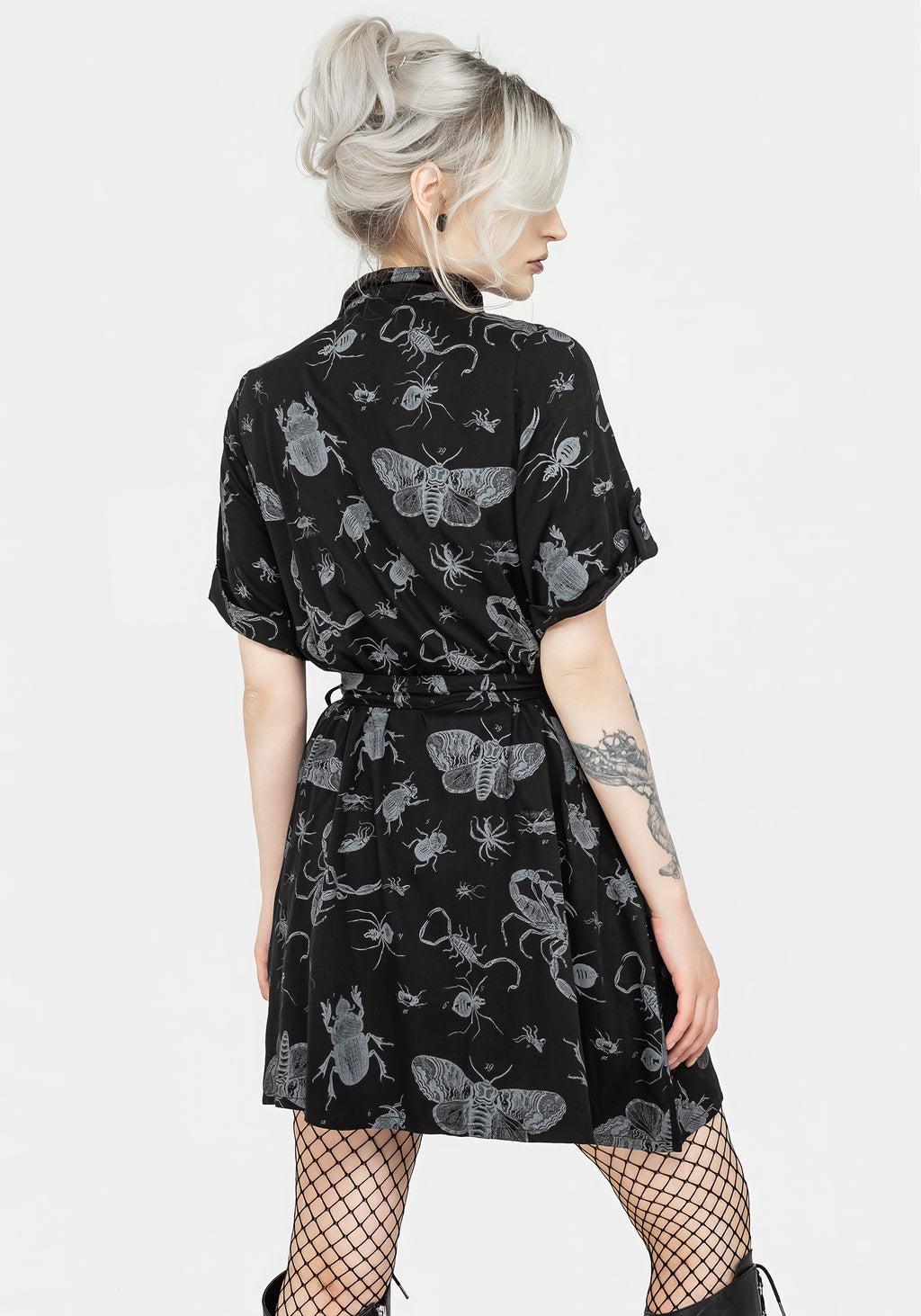 Parasite Bugs Short Sleeve Mini Shirt Dress - Black Product Image