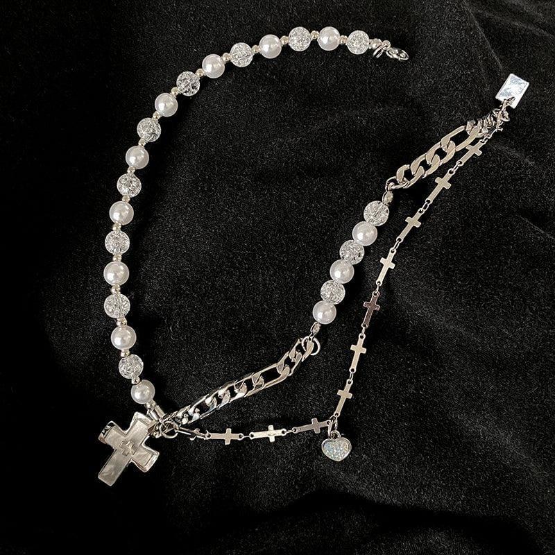 HALF PEARL HALF DOUBLE CHAIN CROSS NECKLACE Product Image