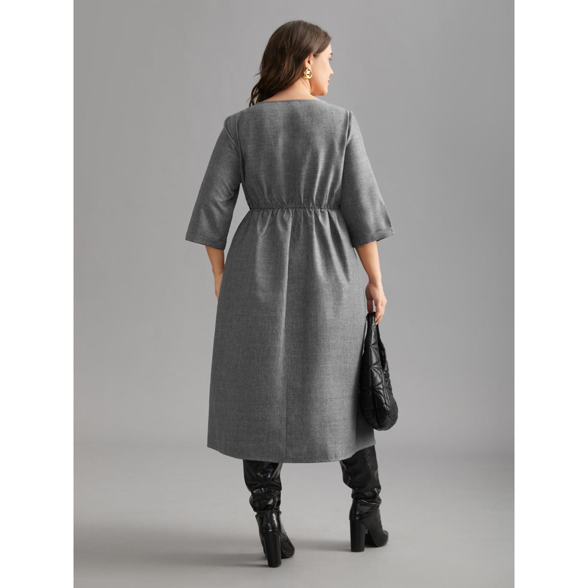 Plus Size Buckled Waist Loops Pleated Midi Dress DarkGray Women At the Office Pleated Boat Neck Elbow-length sleeve Curvy BloomChic 10/M Product Image