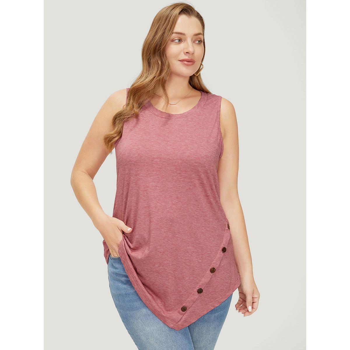 Plus Size Plain Asymmetrical Hem Button Detail Tank Top Women Russet Casual Button Round Neck Dailywear Tank Tops Camis BloomChic 14-16/1X Product Image