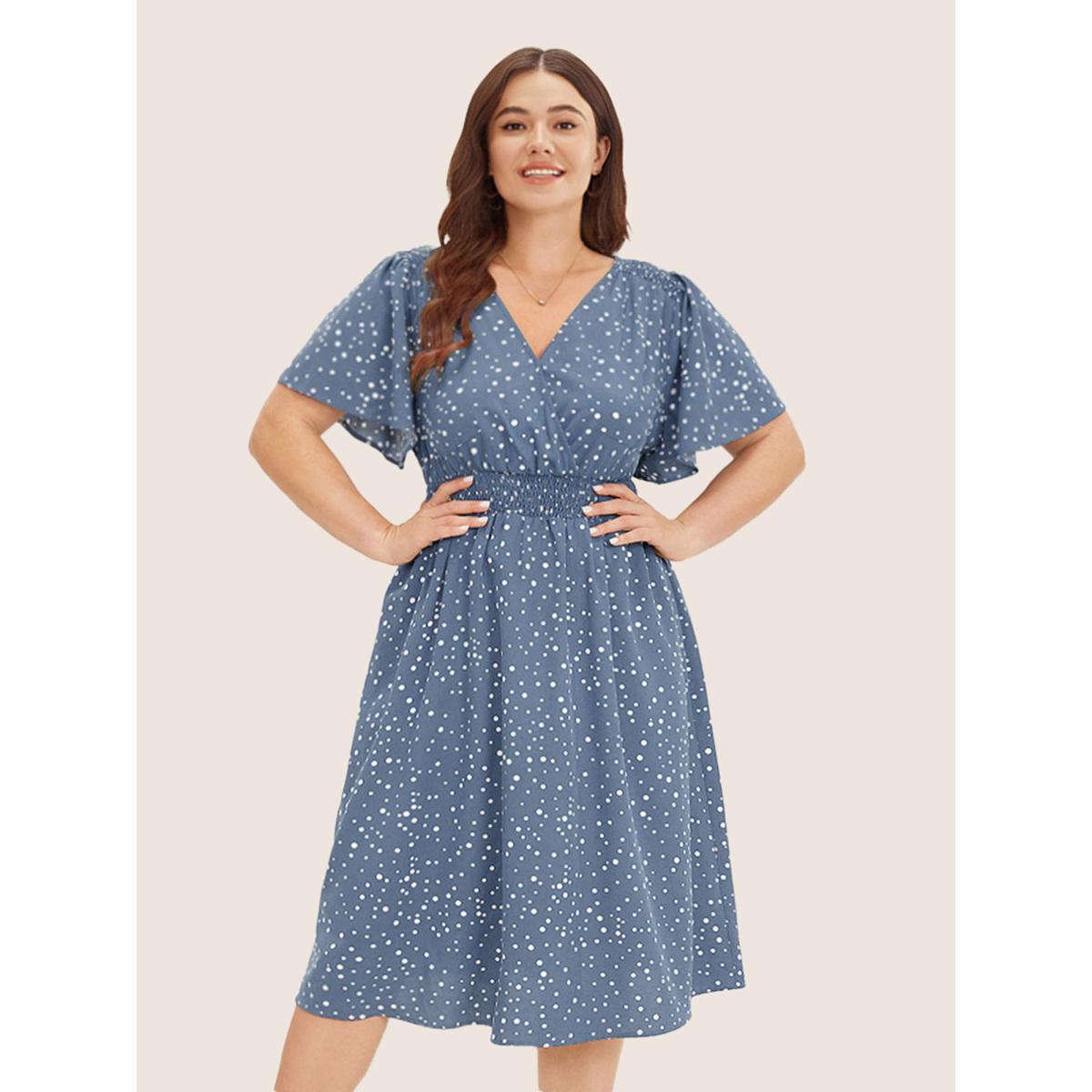 Plus Size Polka Dot Wrap Pocket Shirred Ruffle Sleeve Dress Stone Women Elegant Patchwork Curvy Midi Dress BloomChic 14-16/1X Product Image