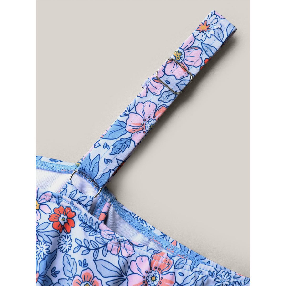 Plus Size Floral Cold-Shoulder Ruffled Swim Dress Women's Swimwear LightBlue Beach Bodycon One-shoulder neck High stretch Curve Swim Dresses BloomChic 30/6X Product Image