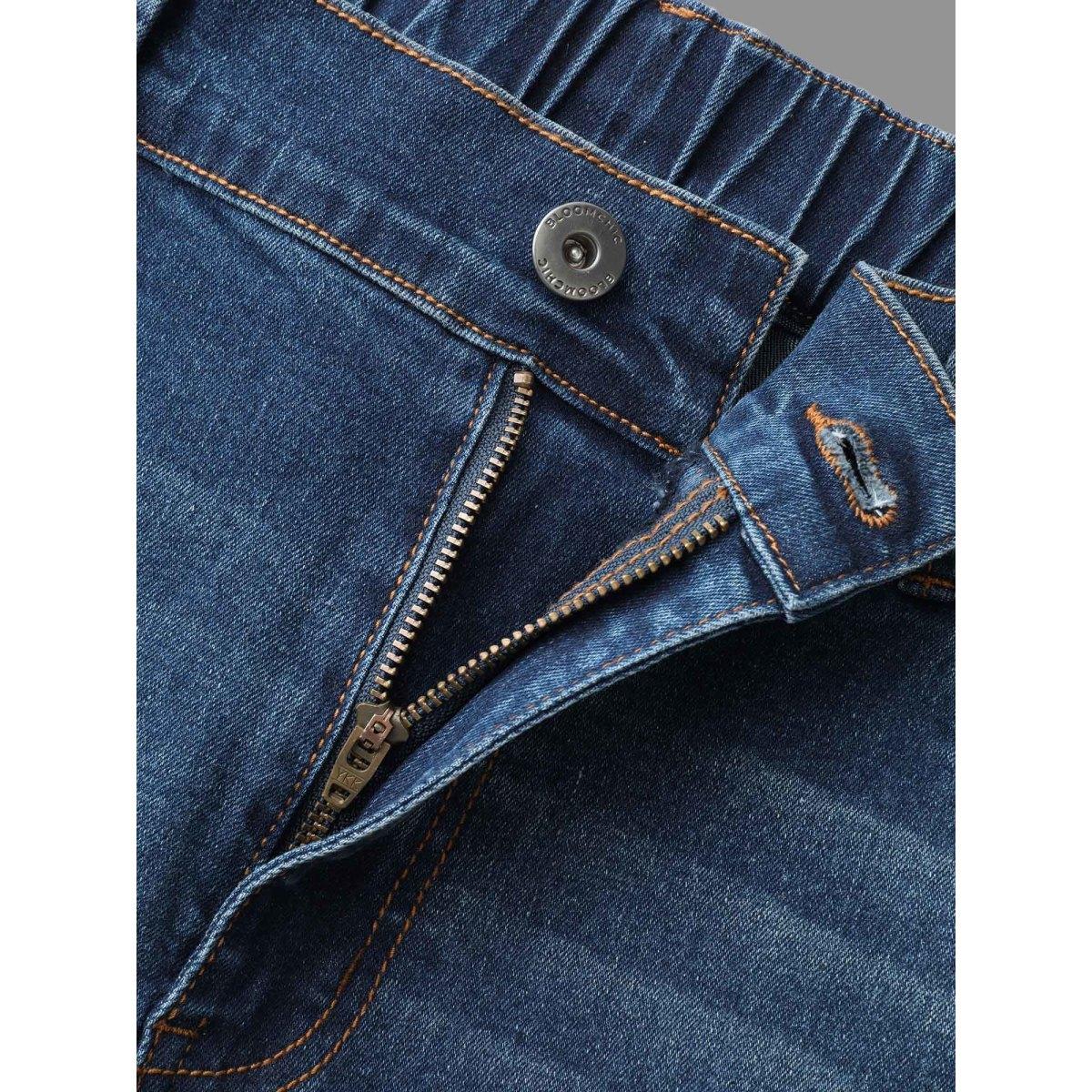 Plus Size Dark Wash Elastic Waist Flared Mid Rise Jeans Women Denimindigo Casual Button Medium stretch Slanted pocket Jeans BloomChic 20/2X Product Image