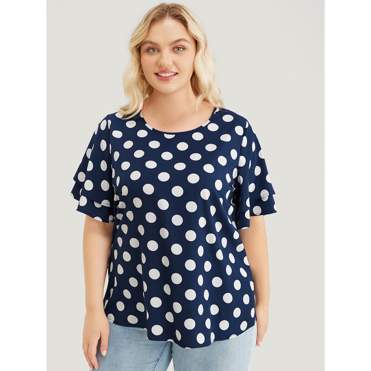 Plus Size Indigo Polka Dot Ruffle Tiered Sleeve Blouse Women Office Short sleeve Round Neck Office Blouses BloomChic 10/M Product Image