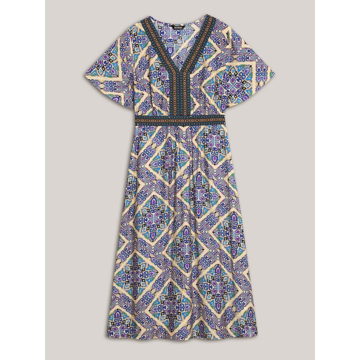 Plus Size Boho Print Stretchy Waist Pockets Midi Dress Skyblue Women V-neck Short sleeve Curvy BloomChic 10/M Product Image