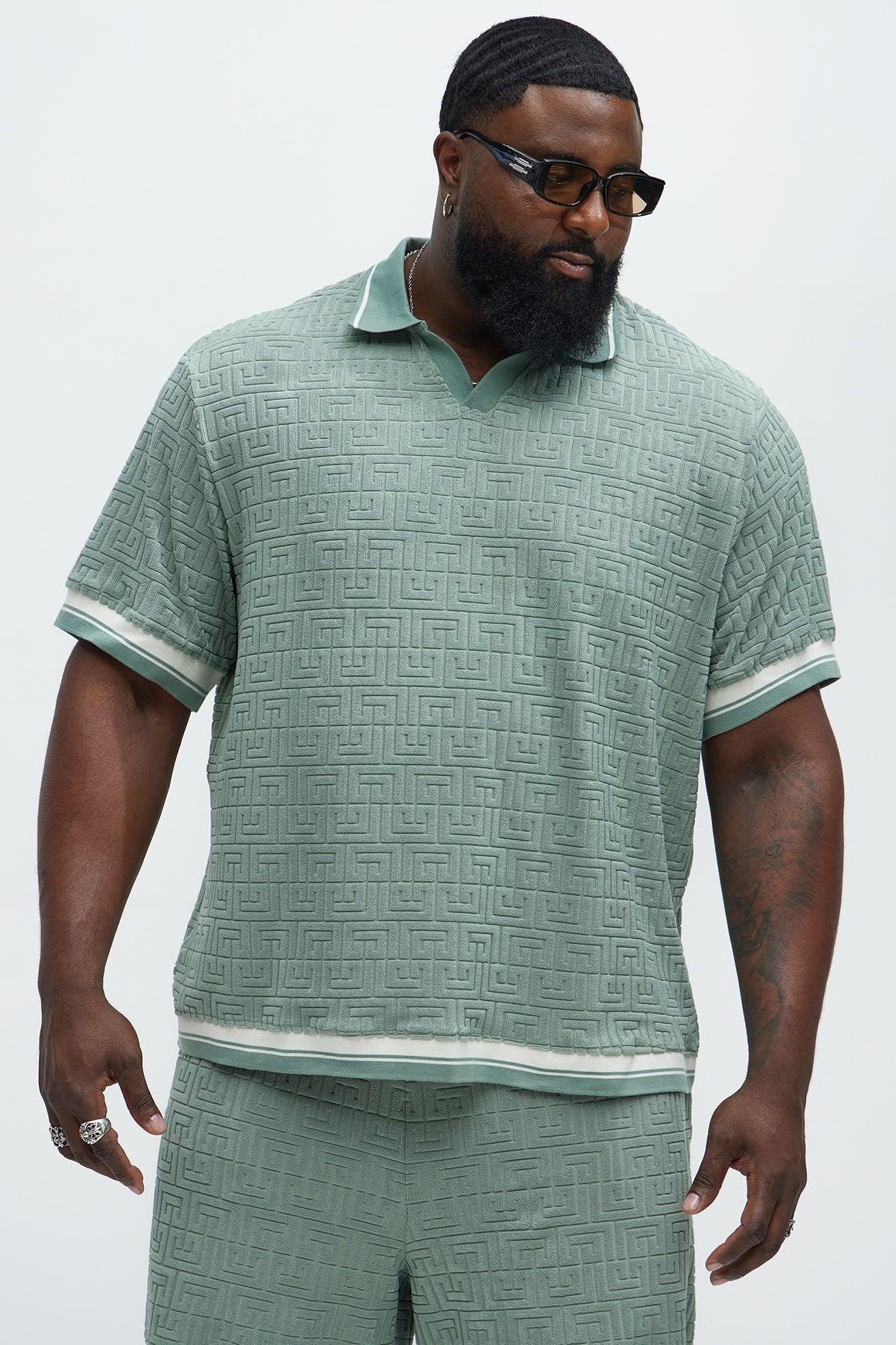Grecian Textured Johnny Collar Polo Shirt - Sage Product Image