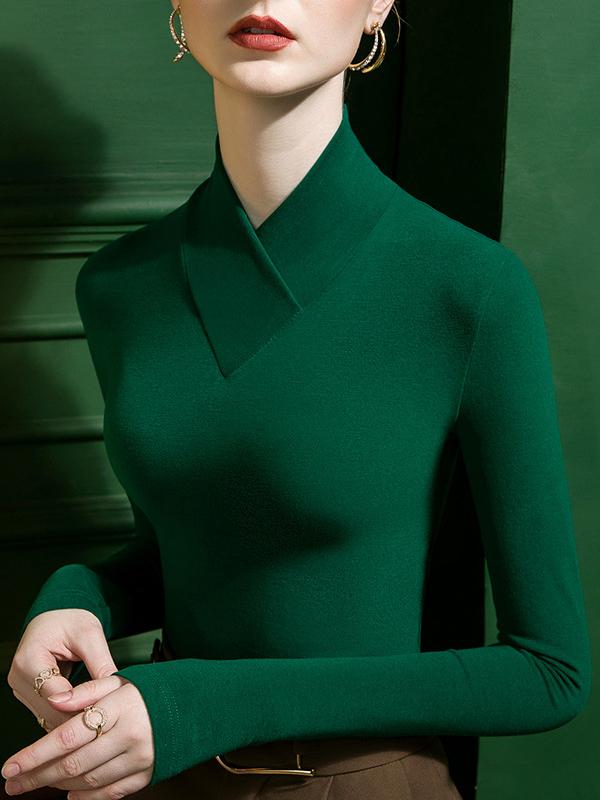 Long Sleeves Plus Size Solid Color Split-Joint V-Neck T-Shirts Product Image