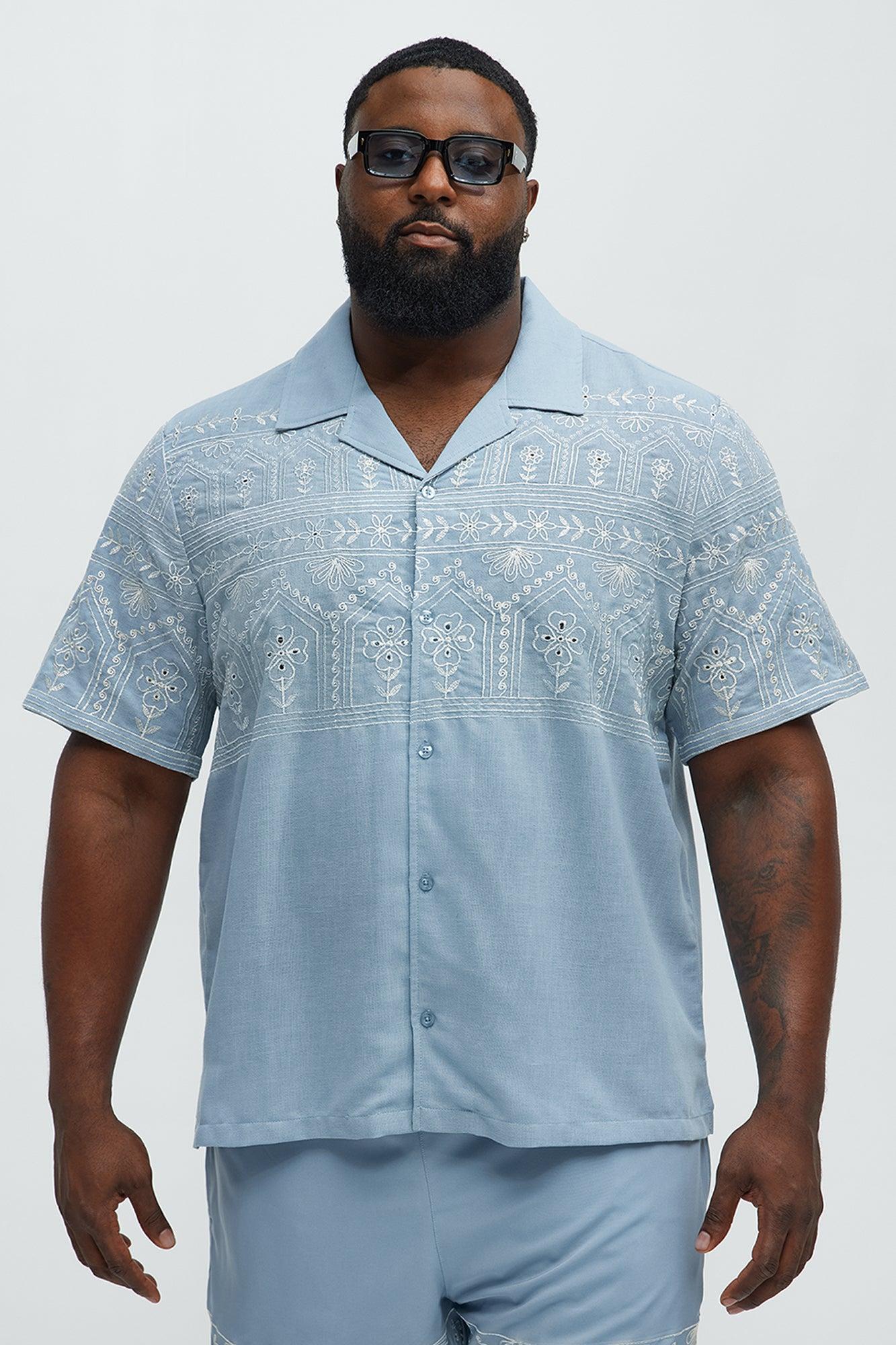 Embroidered Floral Cuban Collar Button Up Shirt - Blue/combo Product Image