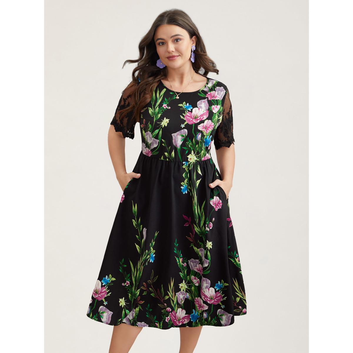 Plus Size Floral Print Flared Sleeve Spliced Midi Dress Black Women Elegant See through Round Neck Short sleeve Curvy BloomChic 14-16/1X Product Image