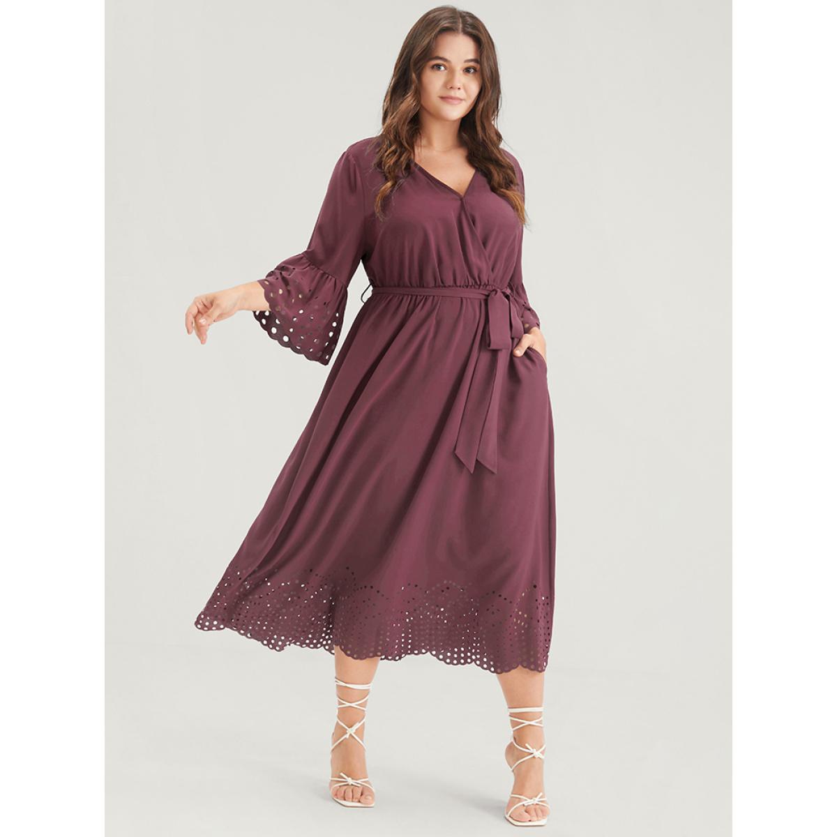 Plus Size Plain Scalloped Ruffles Pocket Laser Cut Belted Wrap Dress DustyPink Women Elegant Belted V-neck Elbow-length sleeve Curvy Midi Dress BloomChic 12/L Product Image