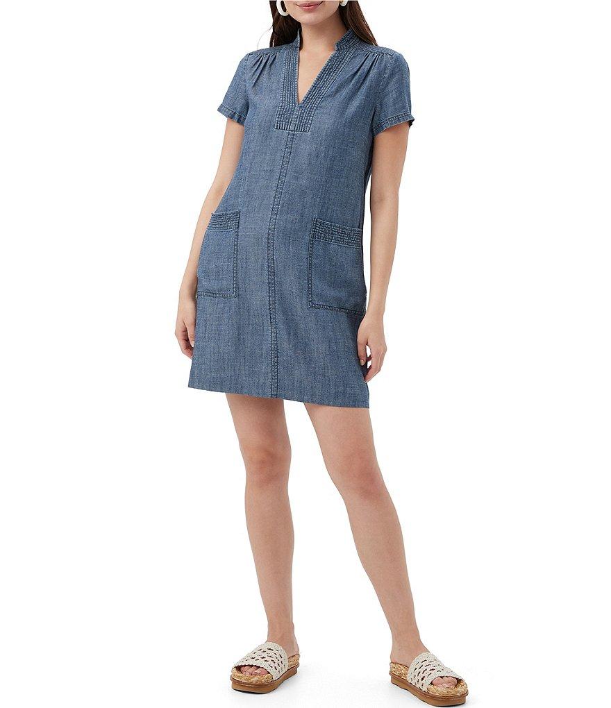 Trina Turk Suntan Chambray V-Neck Short Sleeve Dress Product Image