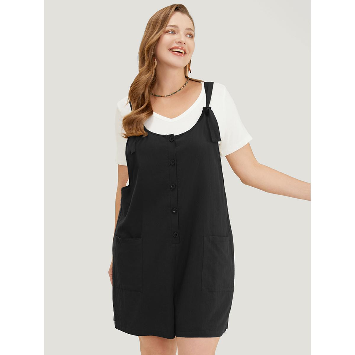 Plus Size Black Solid Pocket Button Detail Knot Shoulder Overall Romper Women Casual Sleeveless Tie Neck Dailywear Loose Jumpsuits BloomChic 22-24/3X Product Image
