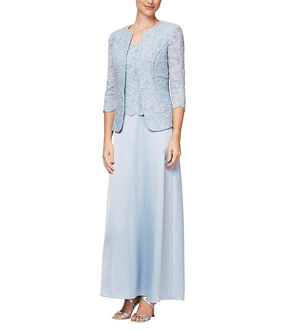Alex Evenings Glitter Lace 3/4 Sleeve Square Neck Scallop Hem Bodice 2-Piece Jacket Gown Product Image