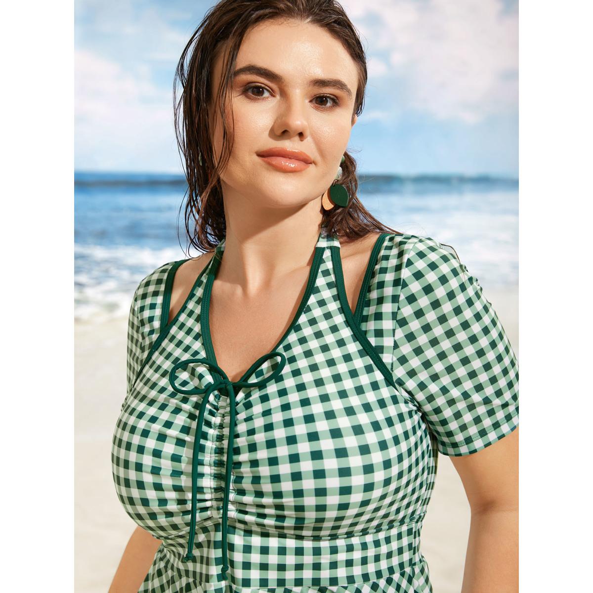 Plus Size Gingham Patchwork Drawstring Tie Knot Swim Dress Women's Swimwear Truegreen Beach Bodycon V-neck High stretch Curve Swim Dresses BloomChic 14-16/1X Product Image
