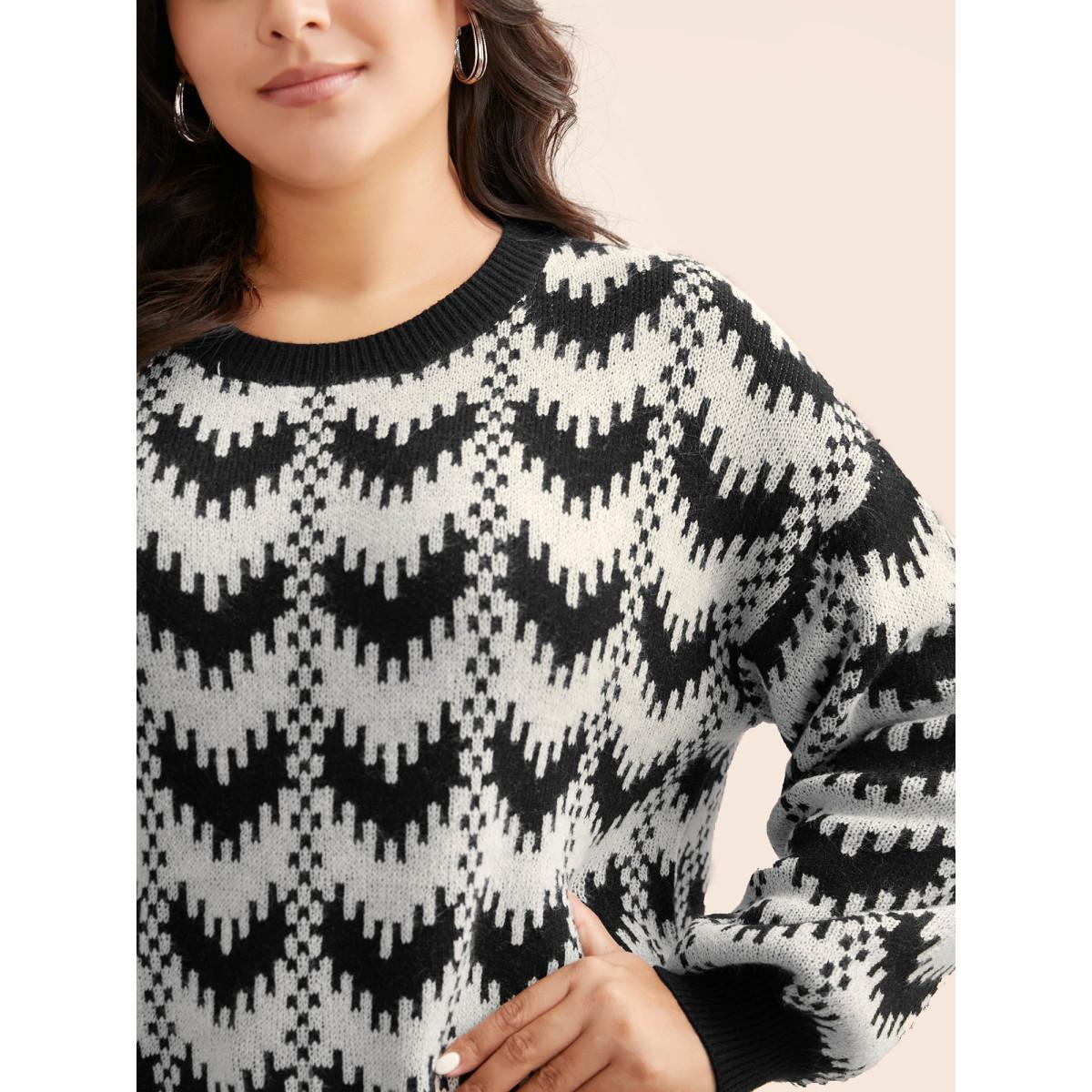 Plus Size Geometric Jacquard Drop Shoulder Sleeve Pullover Black Women Casual Loose Long Sleeve Round Neck Everyday Pullovers BloomChic 12/L Product Image