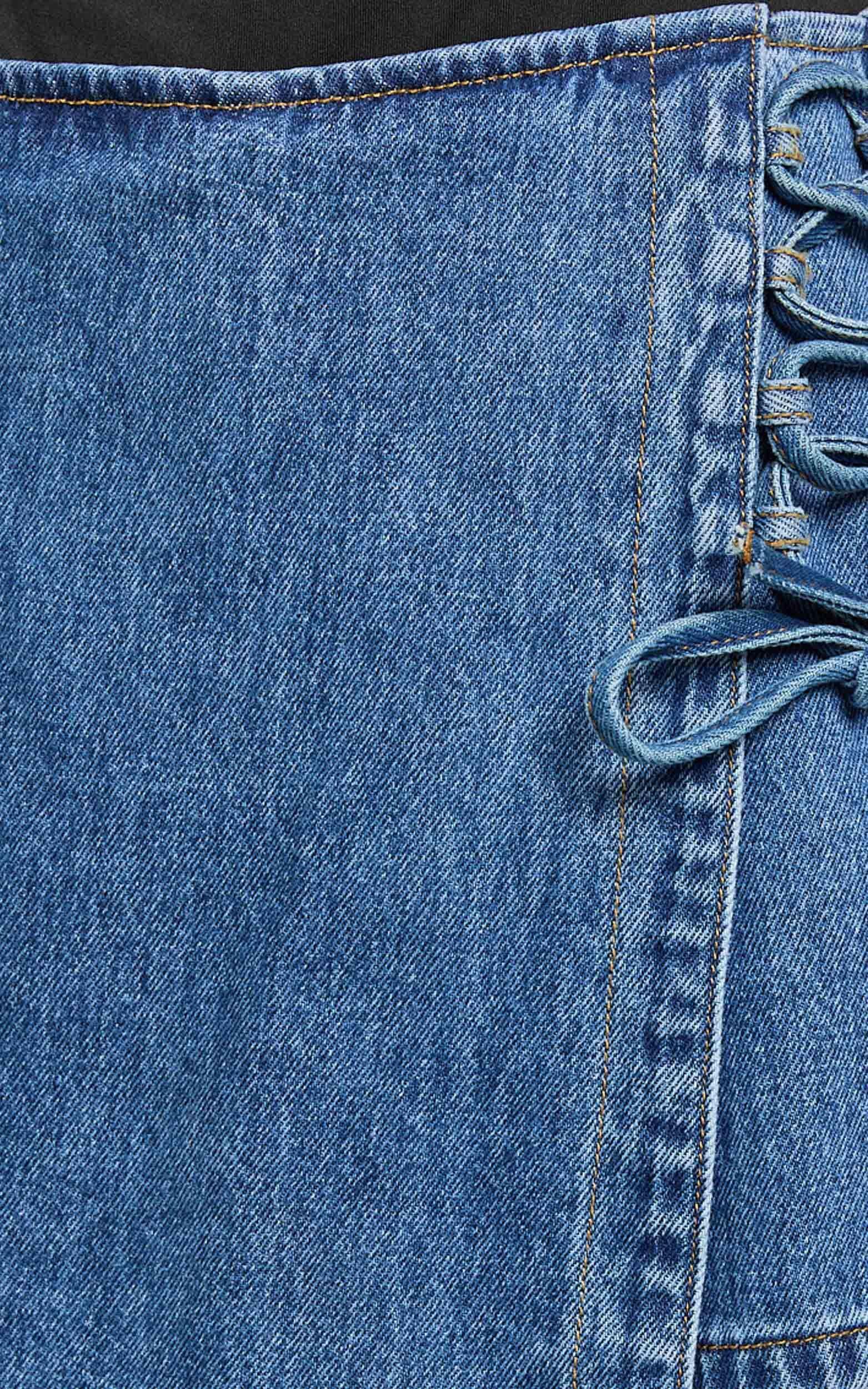 Ronnie Skort - Mid Waist Lace Up Denim Skort in Dark Blue Wash Product Image