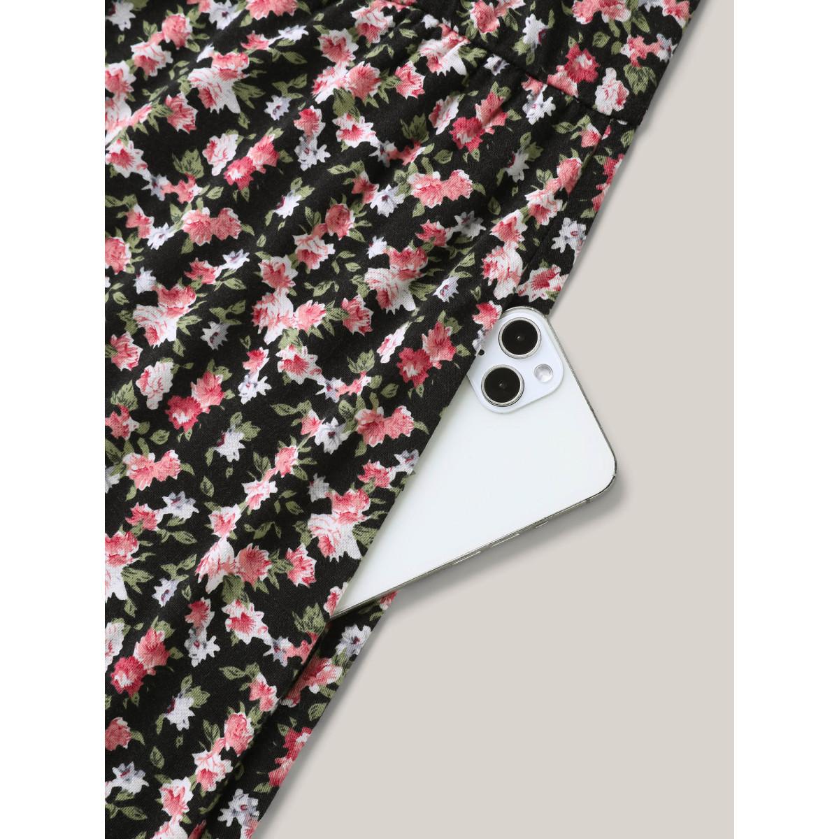 Plus Size Floral Print Square Neck Straight-Fit Midi Dress Black Women Casual Non U-neck Short sleeve Curvy BloomChic 30/6X Product Image