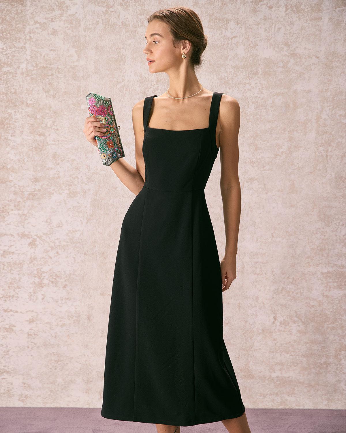 The Black Square Neck Sheath Midi Dress Product Image