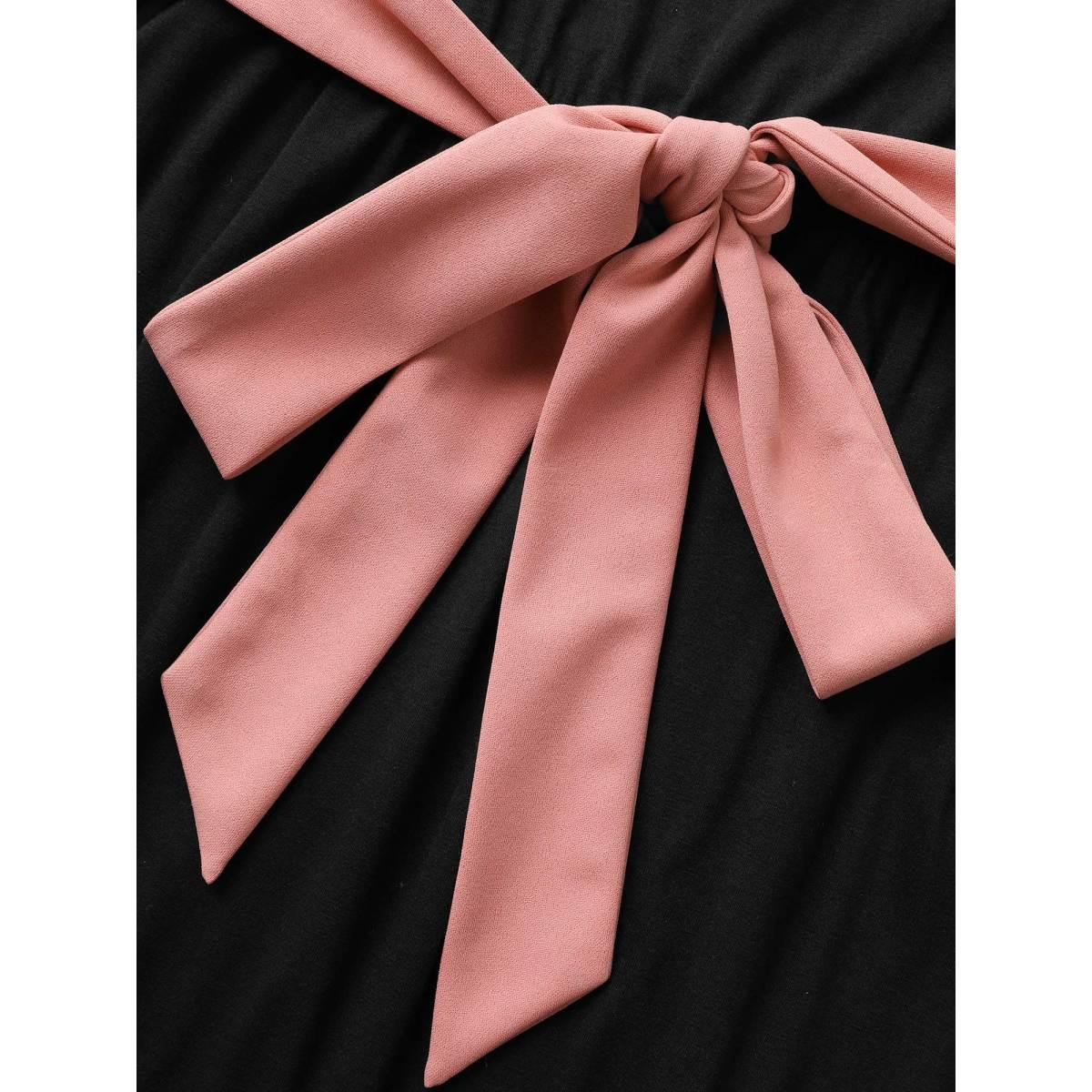 Plus Size Two Tone Belted Bowknot Square Neck Dress Black Women Timeless Non Square Neck Long Sleeve Curvy Knee Dress BloomChic 12/L Product Image