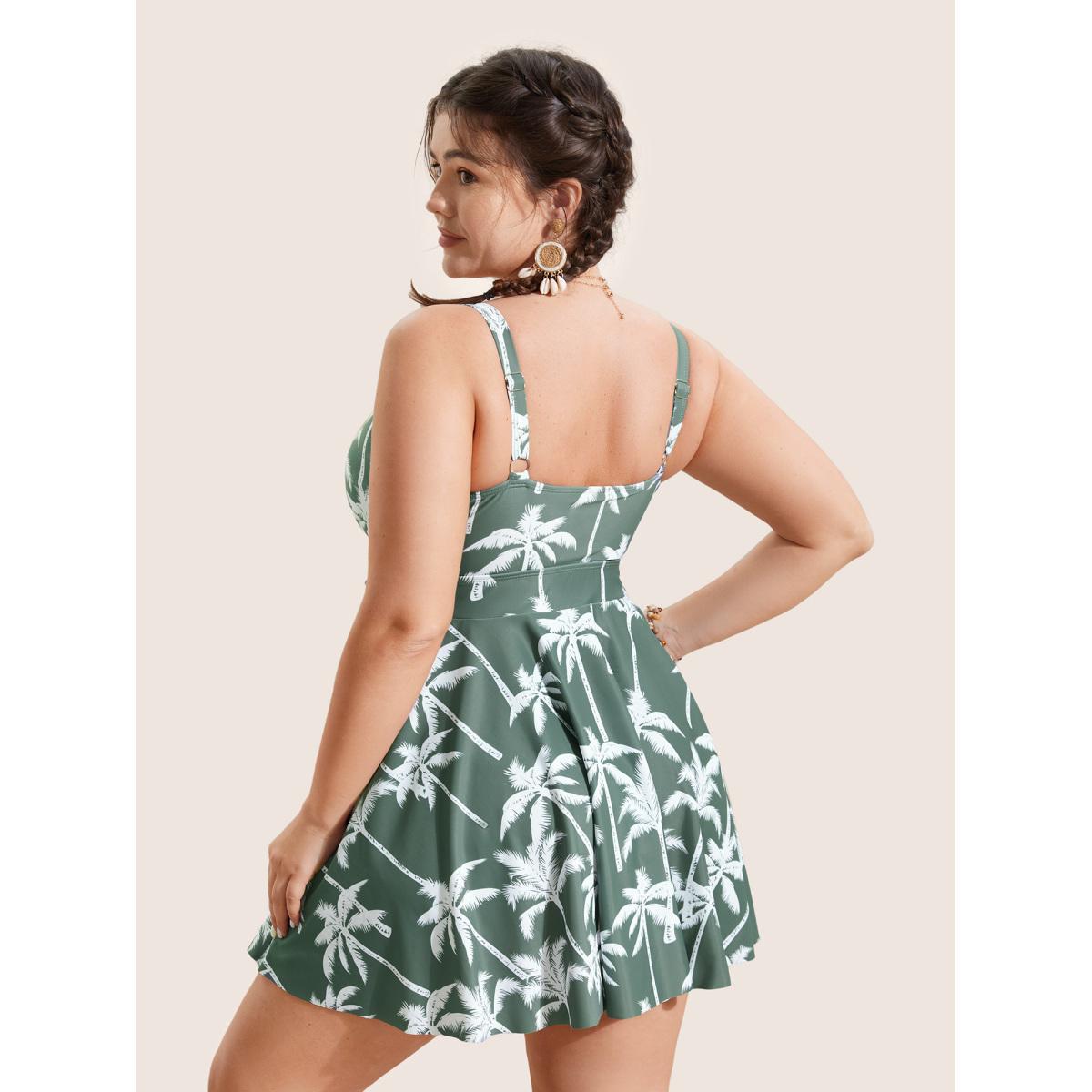 Plus Size Tropical Coconut Tree Ruched Swim Dress Women's Swimwear ArmyGreen Beach Bodycon Heart neckline High stretch Curve Swim Dresses BloomChic 30/6X Product Image