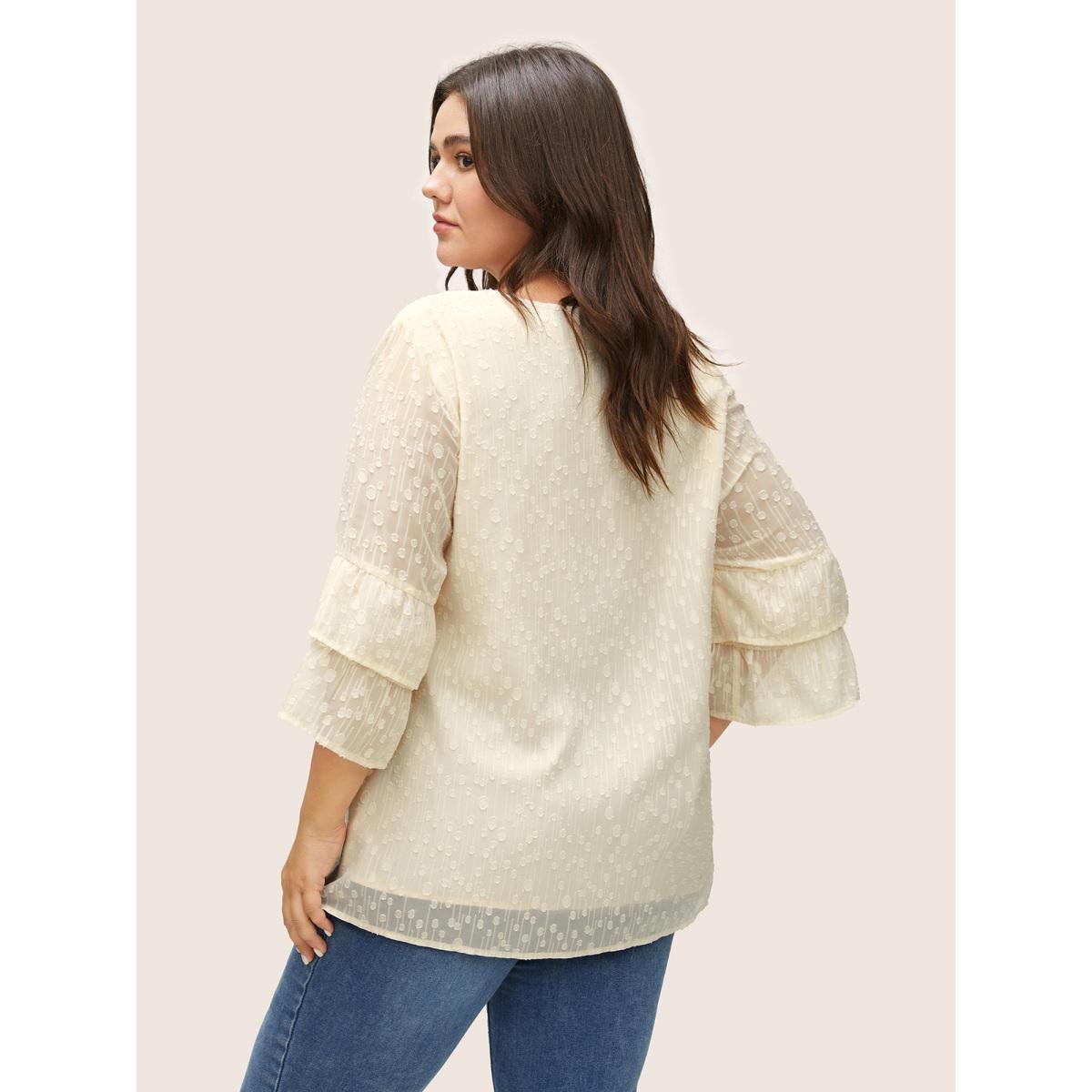 Plus Size Ivory Plisse Mesh Flutter Layered Sleeve Blouse Women Elegant Elbow-length sleeve V-neck Everyday Blouses BloomChic 22-24/3X Product Image