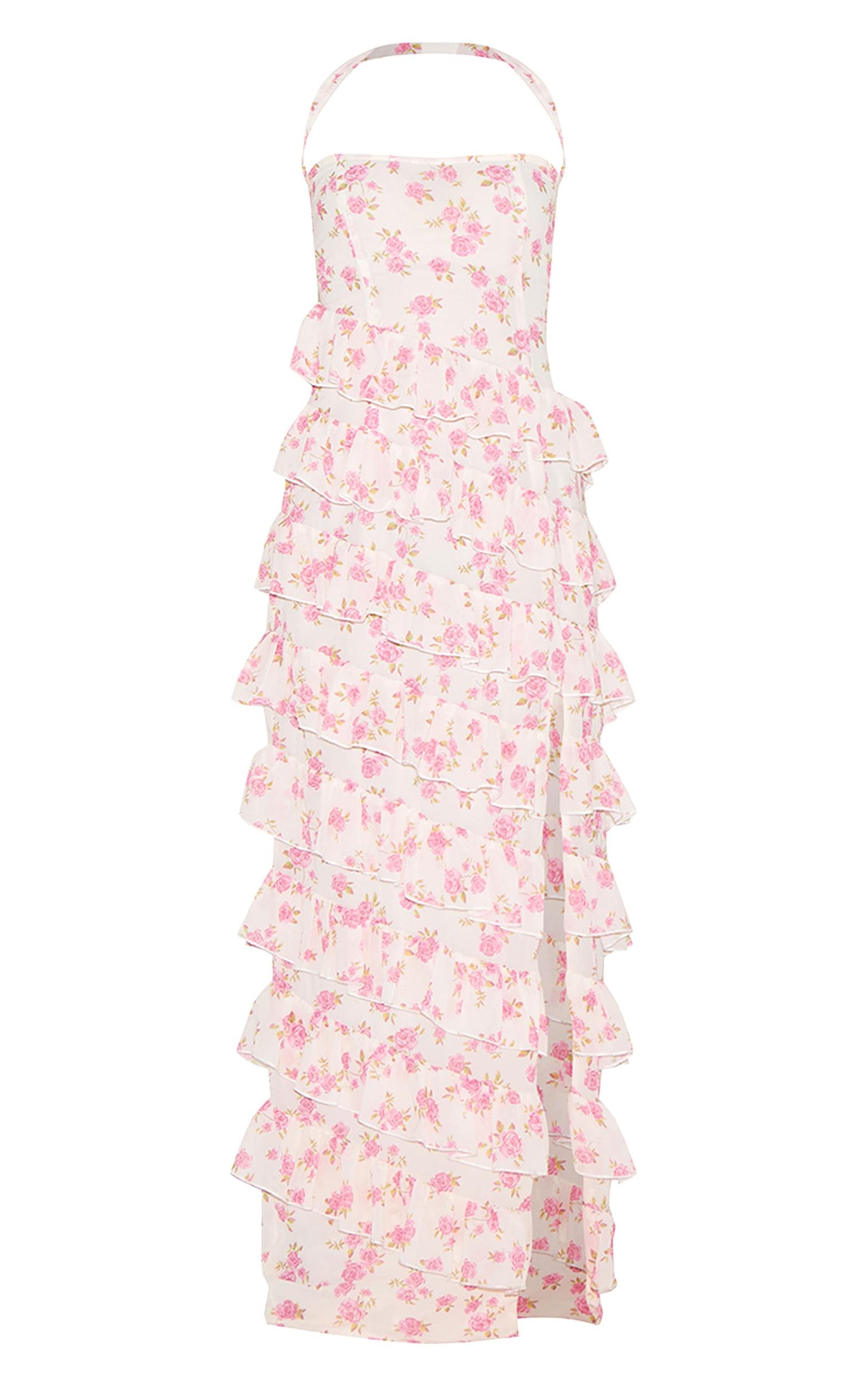 Petite Pink Flower Print Frill Detail Maxi Dress Product Image