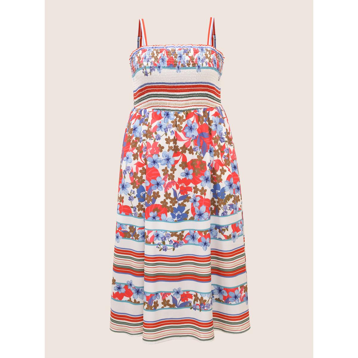 Plus Size Floral Print Shirred Cami Midi Dress Originalwhite Women Resort Square Neck Sleeveless Curvy BloomChic 28/5X Product Image