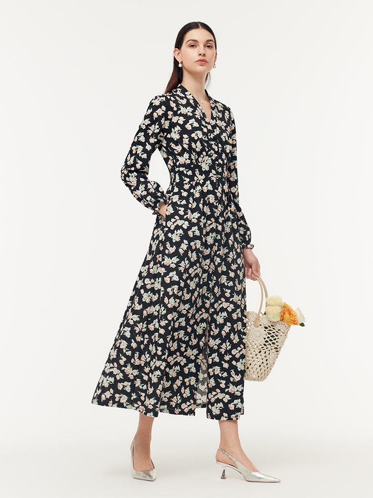 100% Cotton Floral Print Stretch Gathered Waist Women Maxi Dress Product Image