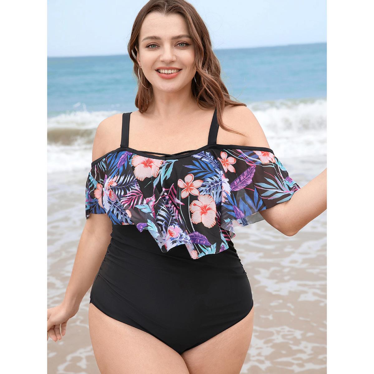 Plus Size Floral Patchwork Asymmetrical Ruffle Trim Crisscross One Piece Swimsuit Women's Swimwear Black Vacation Adjustable Straps Curve Bathing Suits High stretch One Pieces BloomChic 28/5X Product Image