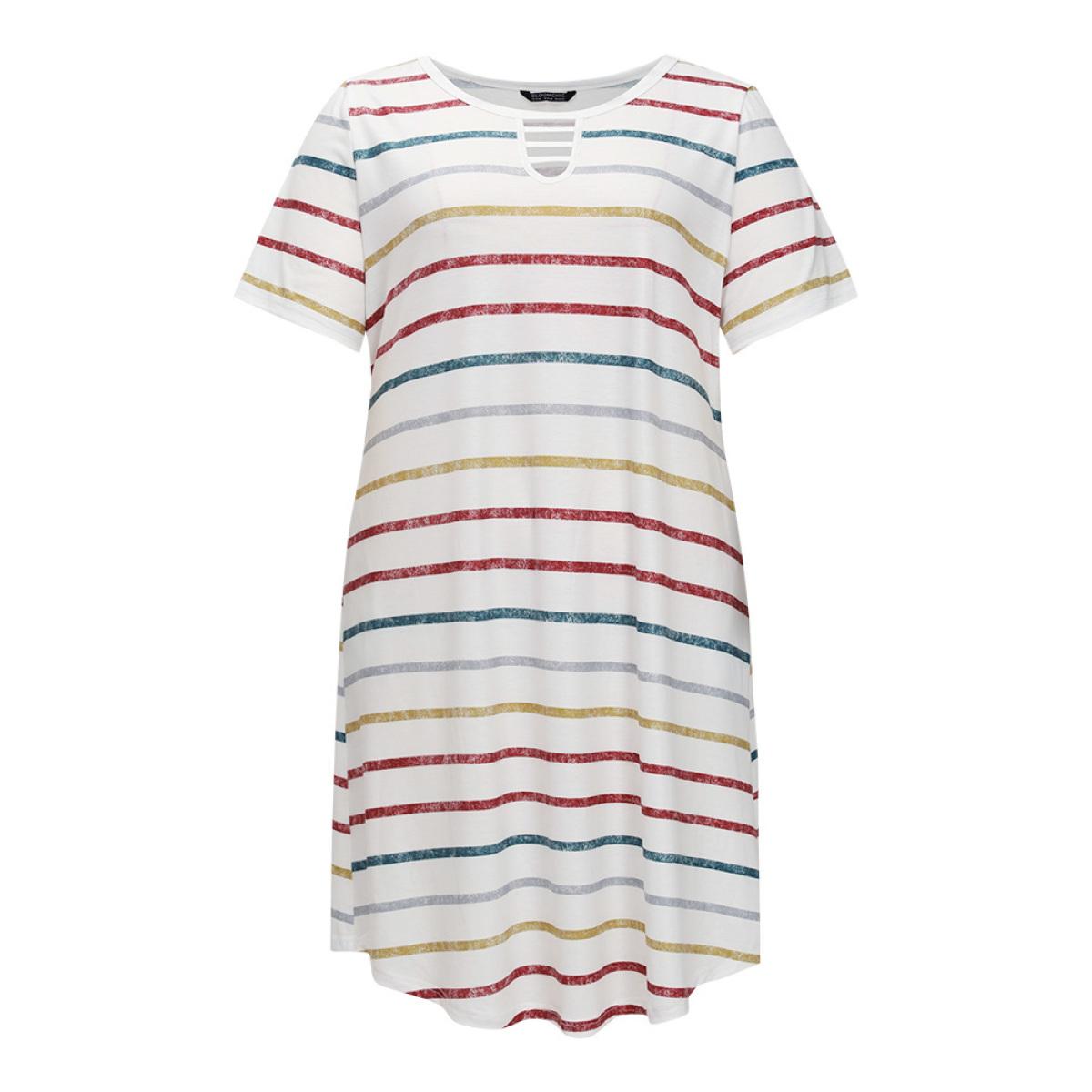 Plus Size Colour Striped Print Pocket Keyhole Arc Hem Dress Multicolor Women Casual Arc Hem Keyhole Cut-Out Short sleeve Curvy Knee Dress BloomChic 10/M Product Image