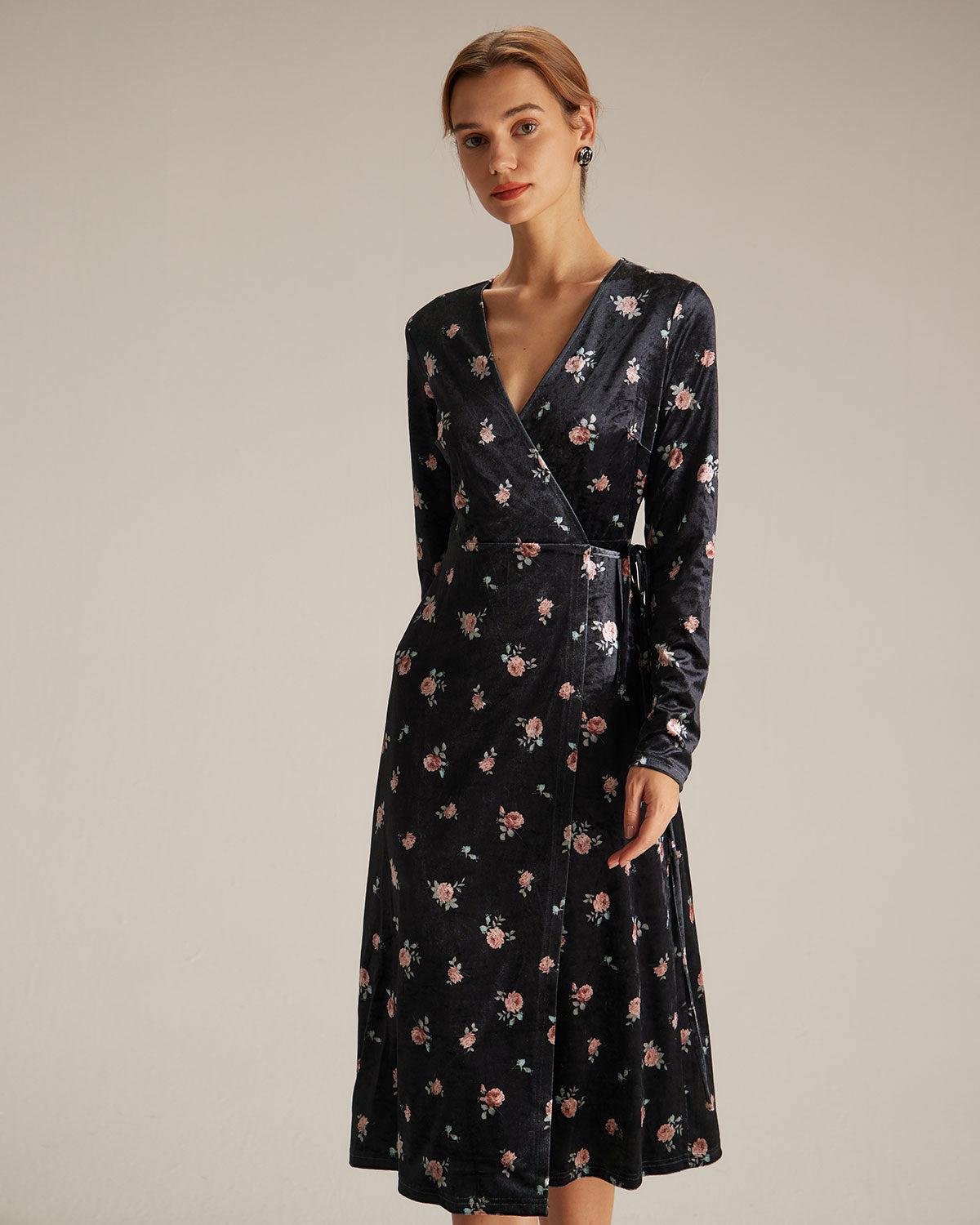 The Black V Neck Floral Velvet Wrap Midi Dress Product Image