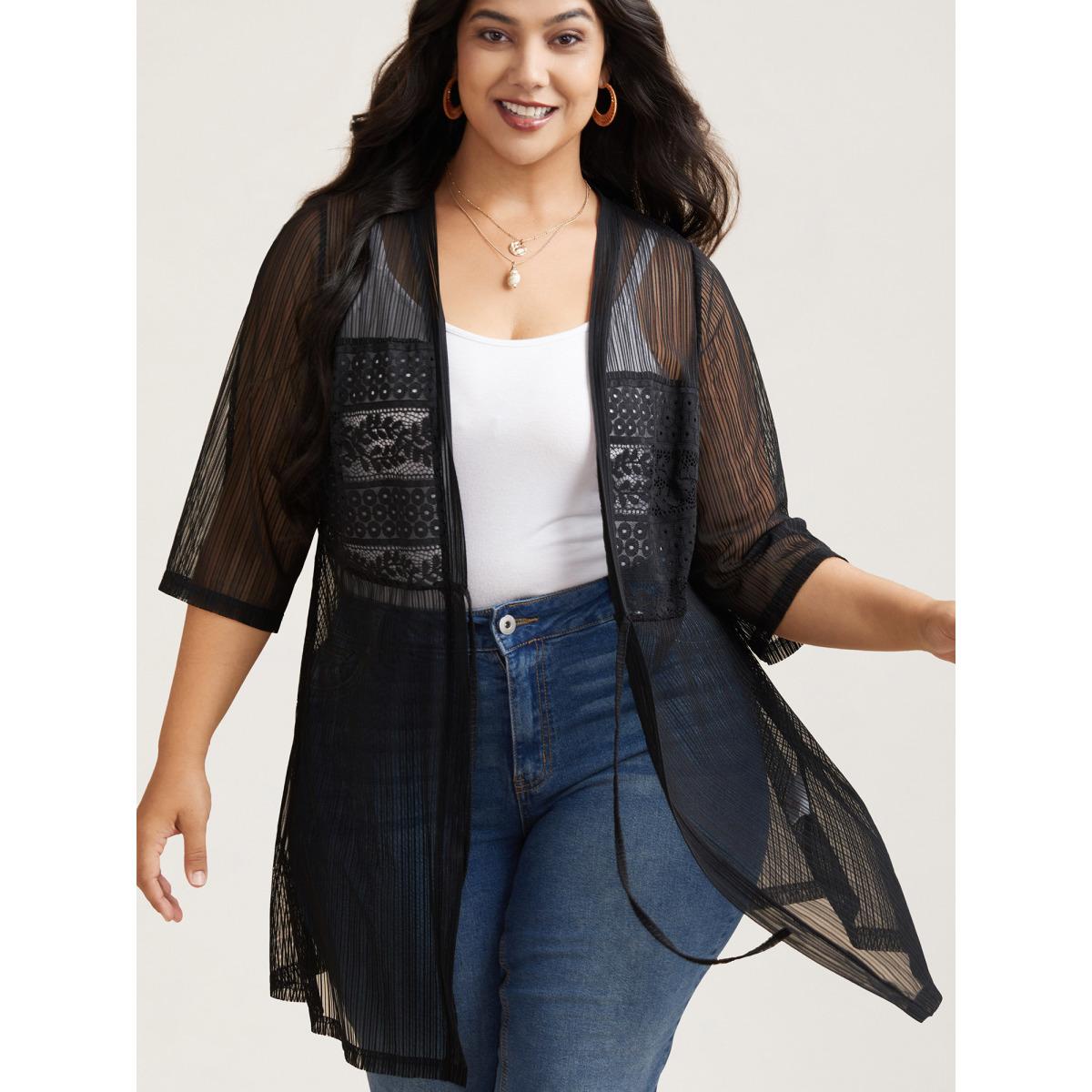 Plus Size Sheer Lace Detail Tied Kimono Cardigan Women Black Resort Tie knot Vacation Kimonos BloomChic 22-24/3X Product Image
