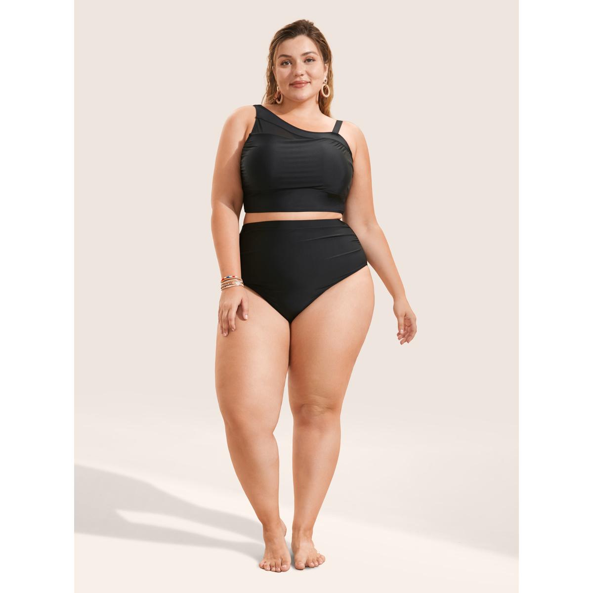 Plus Size Plain Ruched High Rise Swim Bottom Women's Swimwear Black Beach Gathered High stretch Skinny High Rise Curve Swim Bottoms BloomChic 18-20/2X Product Image
