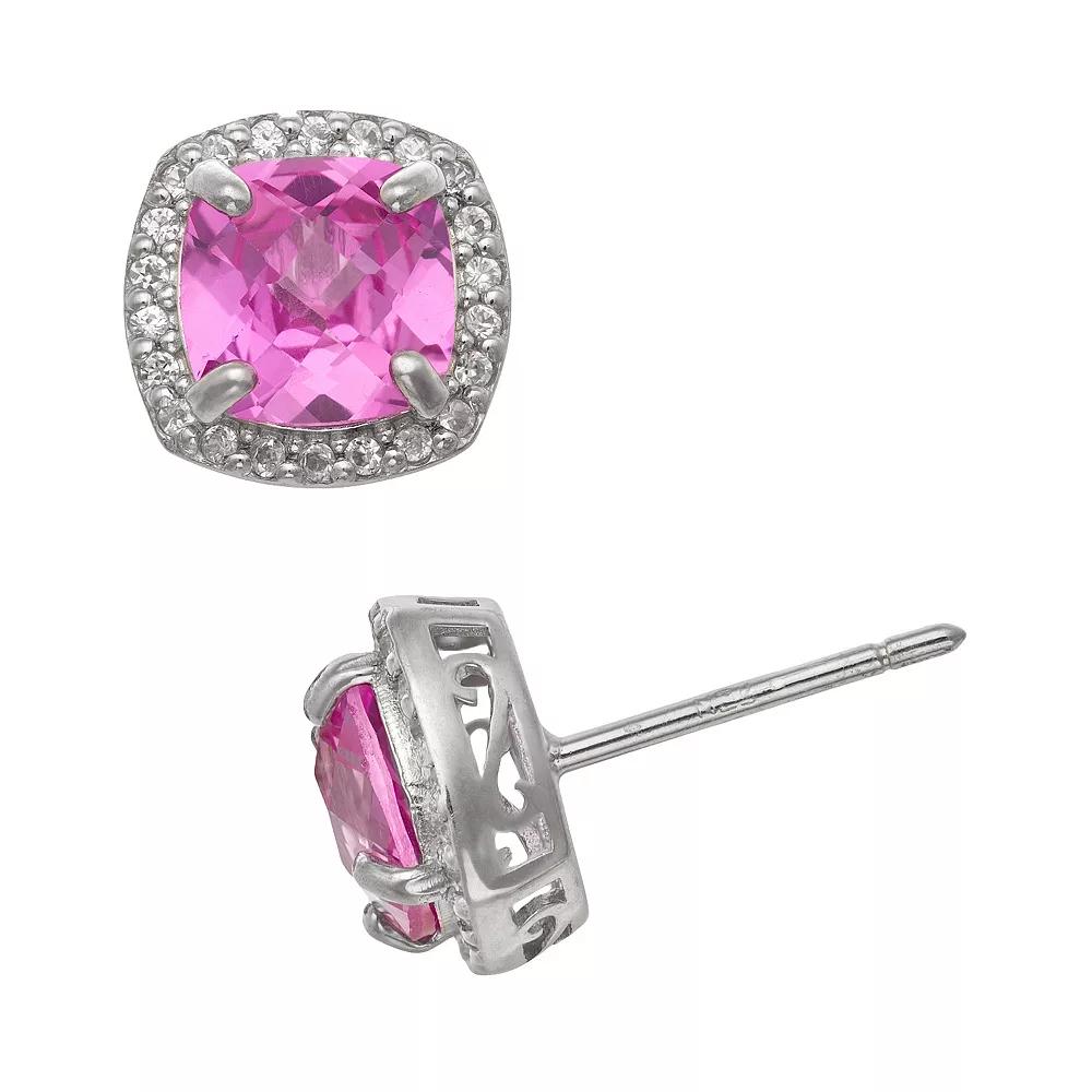 Sterling Silver Lab-Created Pink and White Sapphire Halo Stud Earrings, Women's, Multi Product Image