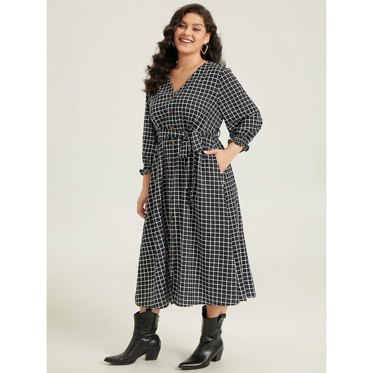 Plus Size Gingham Button Detail Pocket Lantern Sleeve Dress Black Women At the Office Belted V-neck Long Sleeve Curvy Midi Dress BloomChic 30/6X Product Image