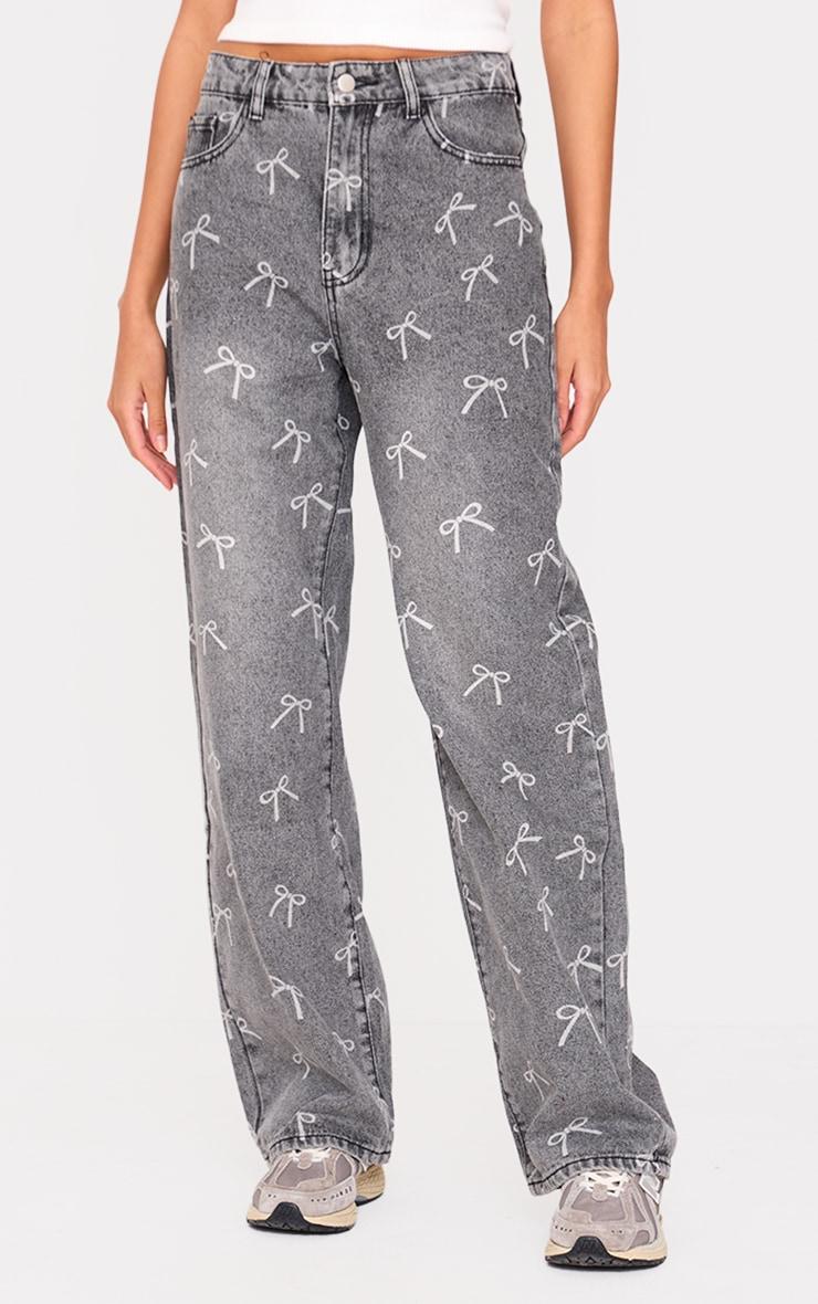 Washed Grey Bow Laser Print Straight Leg Jeans Product Image