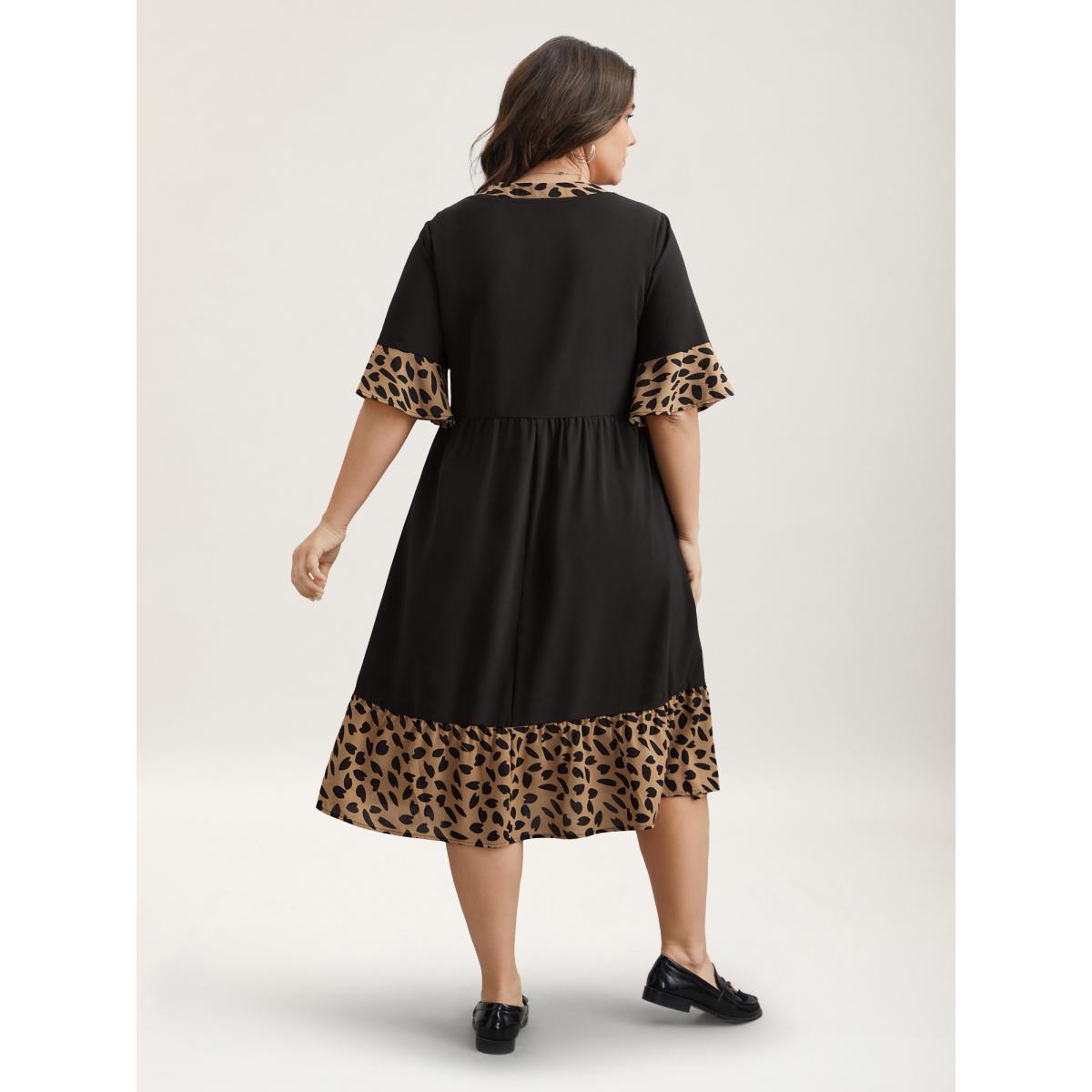 Plus Size Leopard Print Spliced Tiered Midi Dress Black Women Casual Patchwork Flat collar Half Sleeve Curvy BloomChic 18-20/2X Product Image