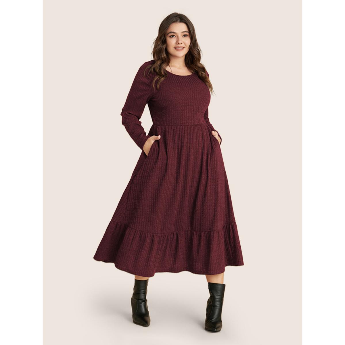 Plus Size Solid Pocket Rib Knit Ruffle Hem Dress Without Belt Aegean Women Leisure Non Round Neck Long Sleeve Curvy Midi Dress BloomChic 12/L Product Image