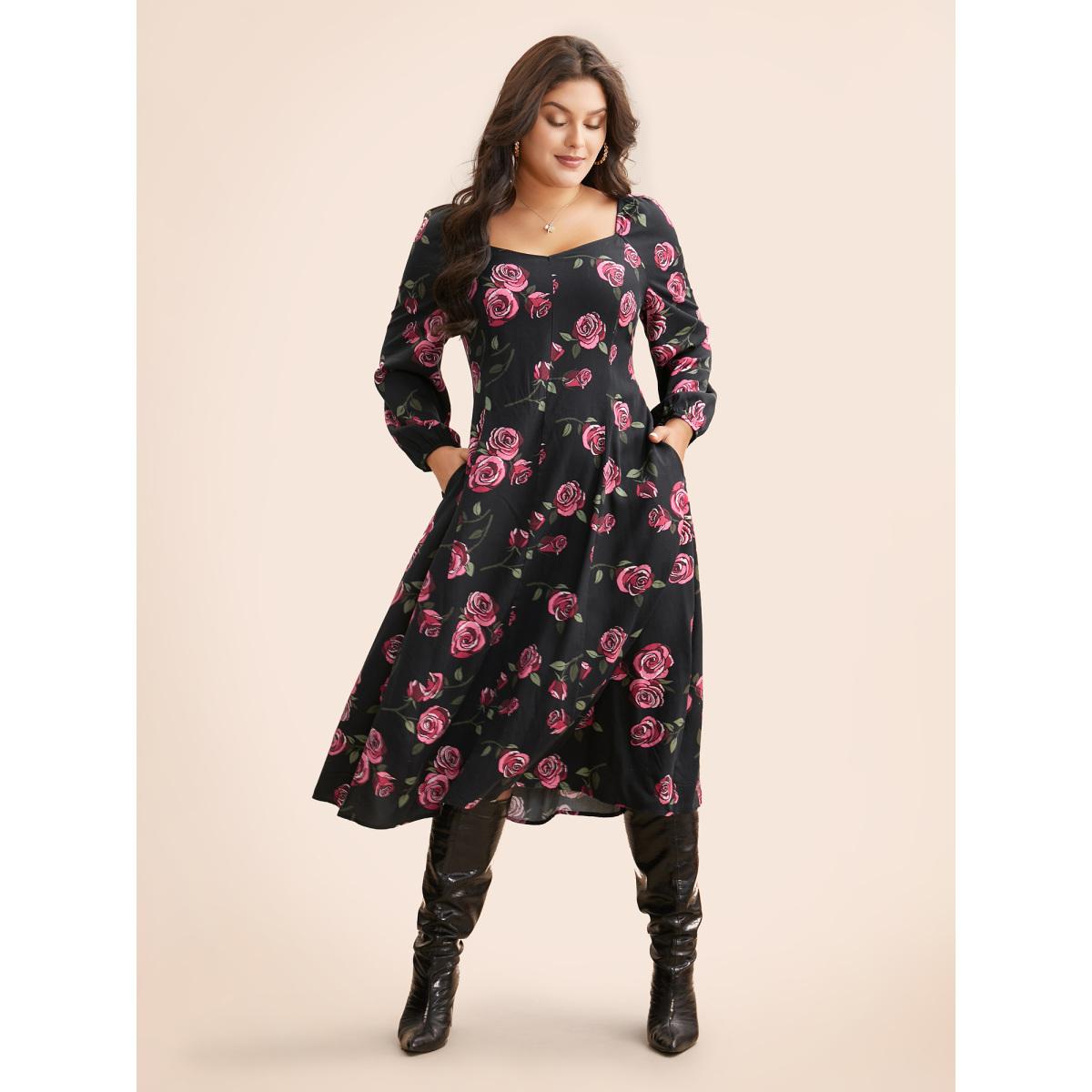 Plus Size Floral Heart Neckline Cross Straps Dress Black Women Elegant Cross straps Heart neckline Long Sleeve Curvy BloomChic 26/4X Product Image