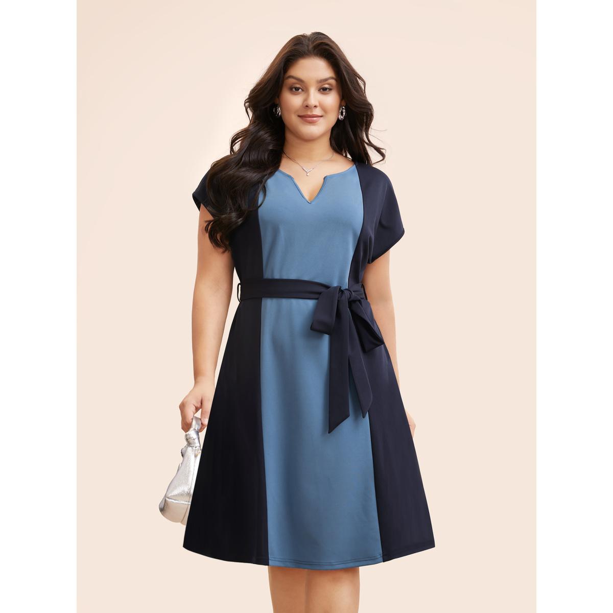 Plus Size Notched Contrast Patchwork Belted Dress Indigo Women At the Office Belted Flat collar with V-notch Cap Sleeve Curvy BloomChic 30/6X Product Image
